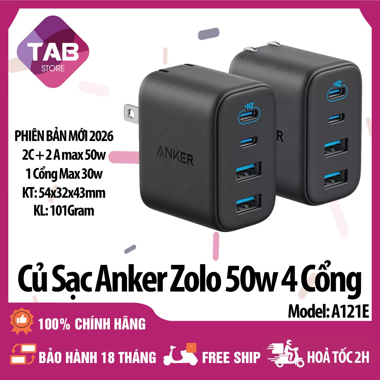 Sạc Anker Zolo 50W 4 Cổng 2C+2A A121E - Bảo Hành 18 Tháng