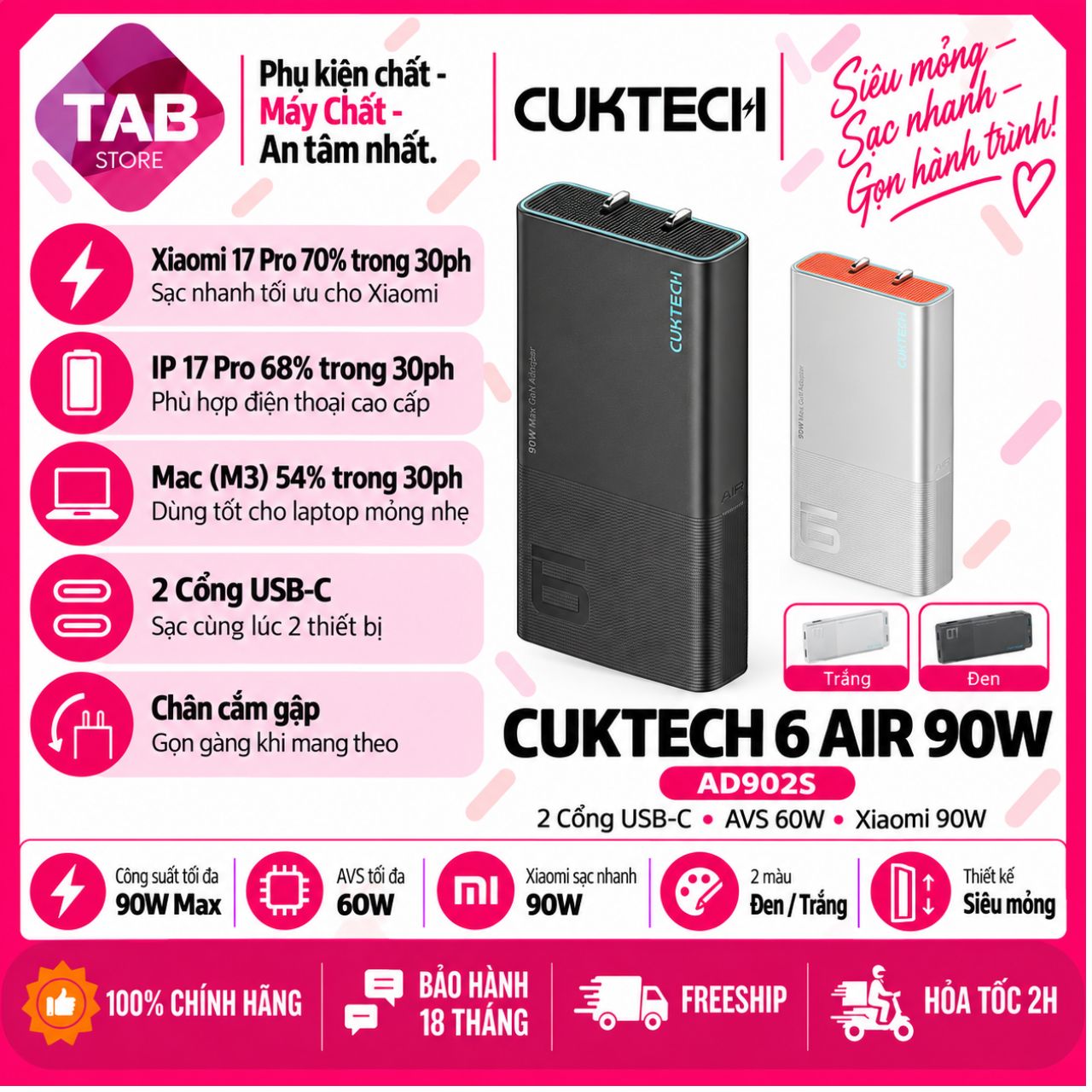 Sạc CUKTECH 6 Air 90W Siêu Mỏng, 2C, AVS 60W, Xiaomi 90W AD902S Chính Hãng - Bảo Hành 18 Tháng