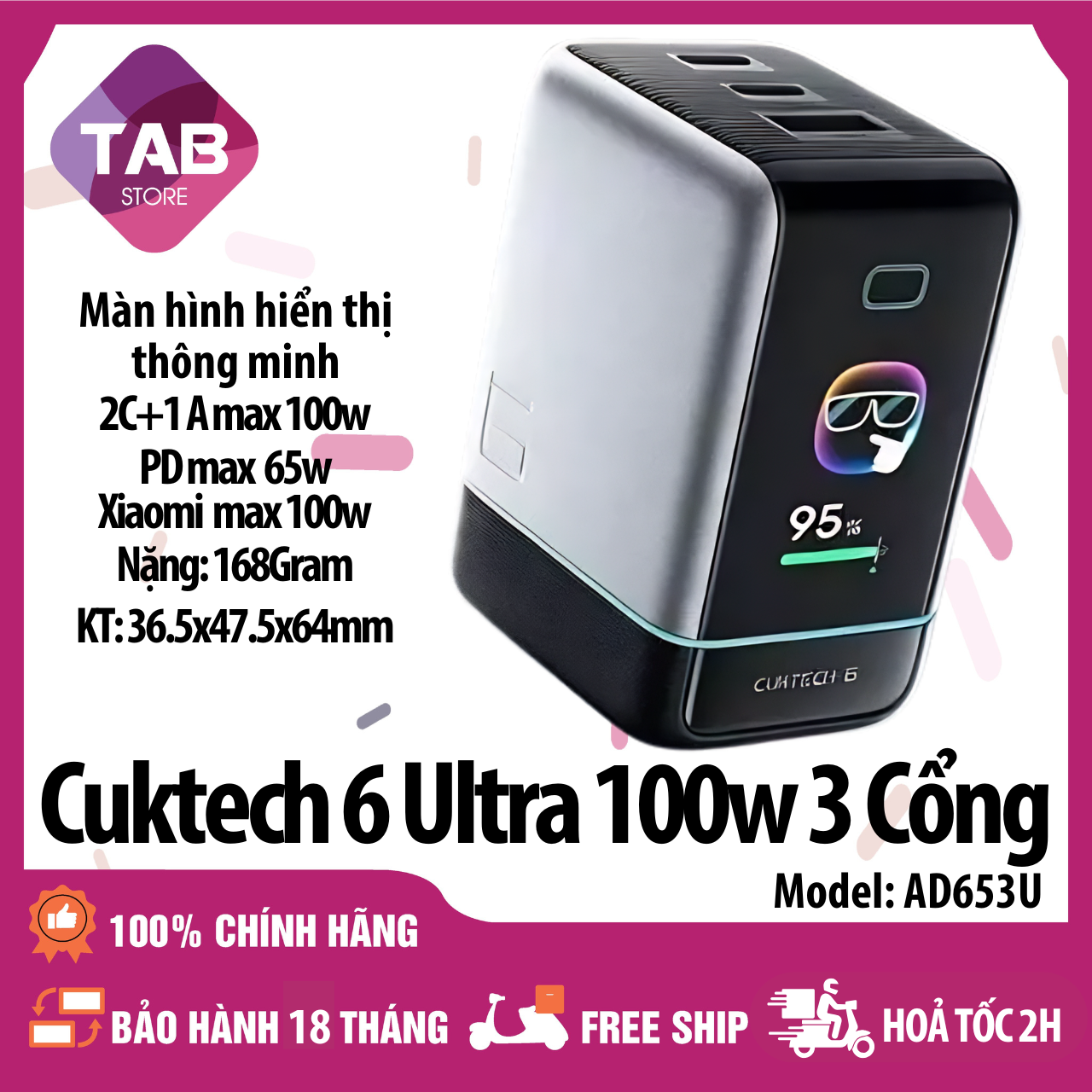 Sạc CUKTECH 6 Ultra GaN 100W 3 Cổng Có Màn Hình, Xiaomi 100w PD 65w AD653U - Bảo Hành 18 Tháng