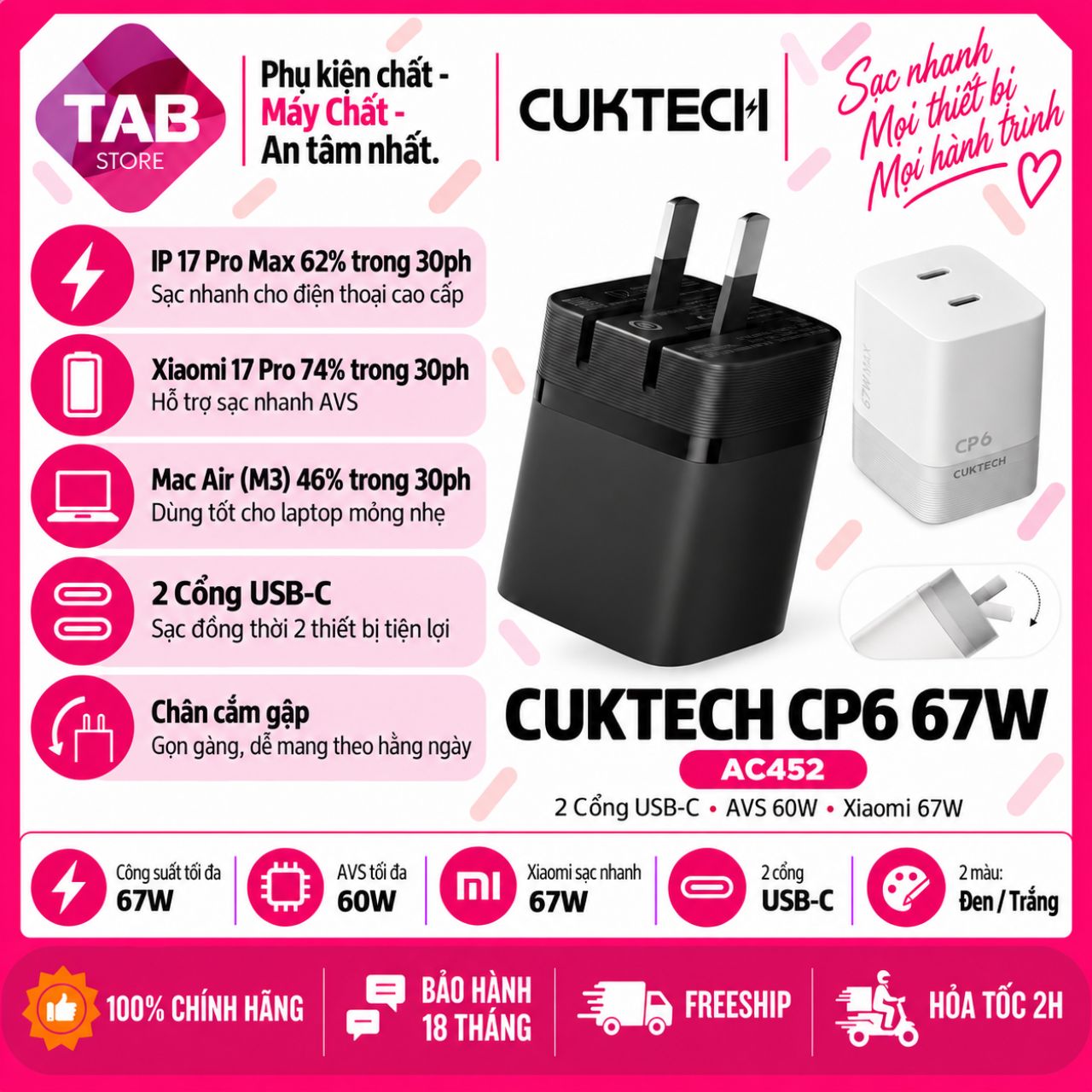 Sạc CUKTECH CP6 67W, 2 Cổng USB-C, AVS 60W, Xiaomi 67W AC452 Chính Hãng - Bảo Hành 18 Tháng