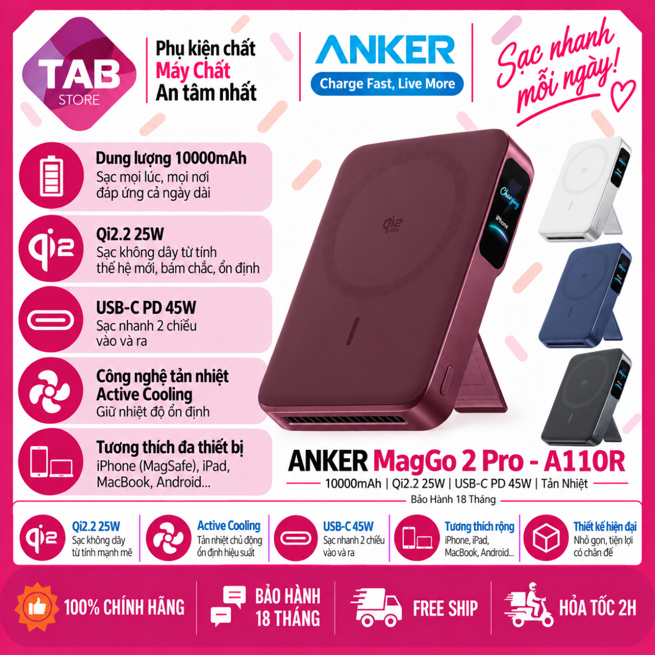 Sạc Dự Phòng Anker MagGo 2 Pro A110R 10000mAh, Qi2.2 25W, USB-C 45W - Bảo Hành 18 Tháng