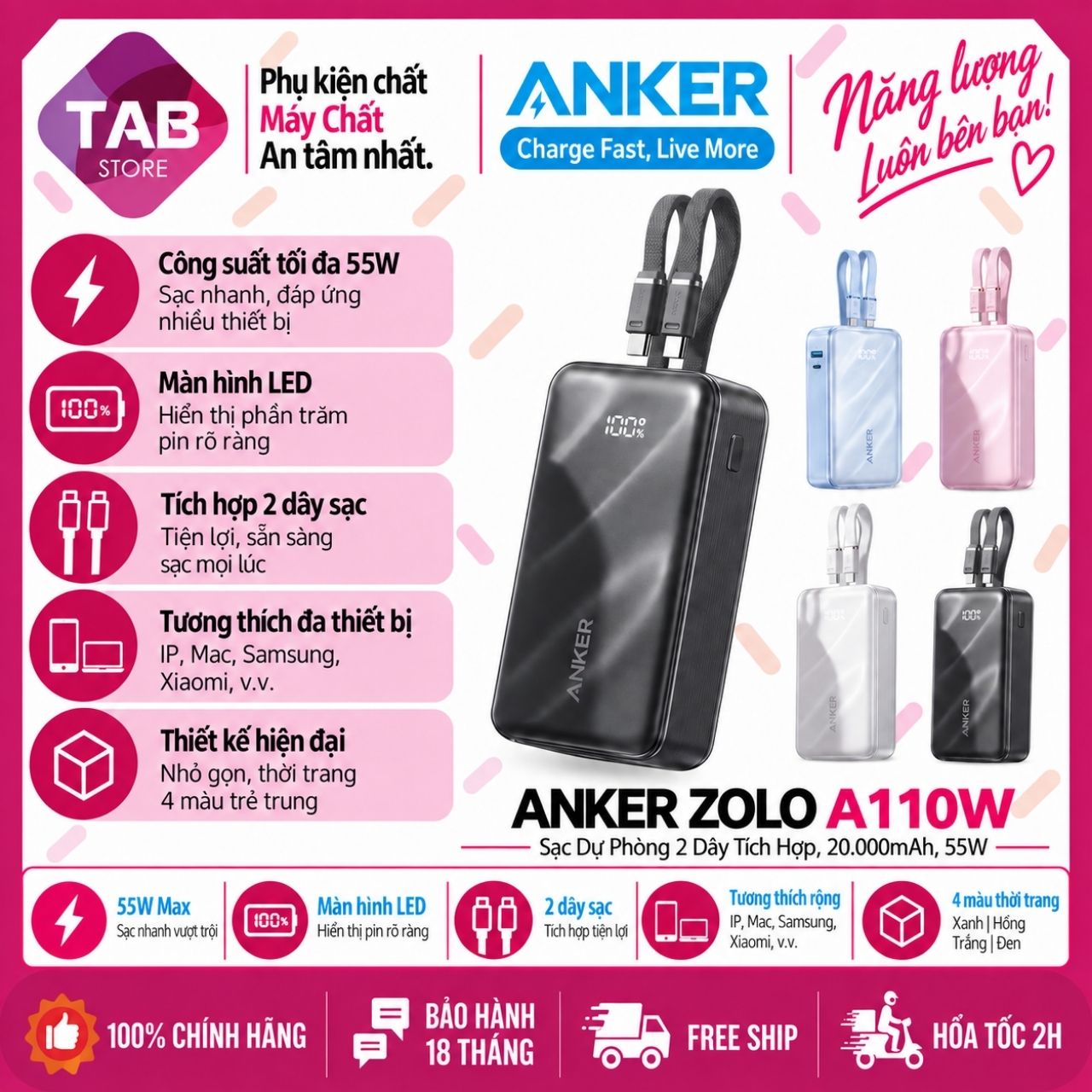 Sạc Dự Phòng Anker Zolo A110W 20.000mAh, Tích Hợp 2 Cáp USB-C, Sạc Nhanh 55W - Bảo Hành 18 Tháng
