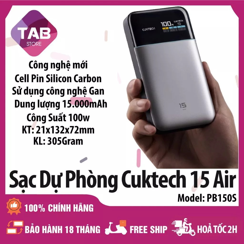 Sạc Dự Phòng Cuktech 15 Air 15000mAh 100W 2C1A PD3.1 PPS2.0 GAN Silicon Carbon PB150S - Bảo Hành 18 Tháng