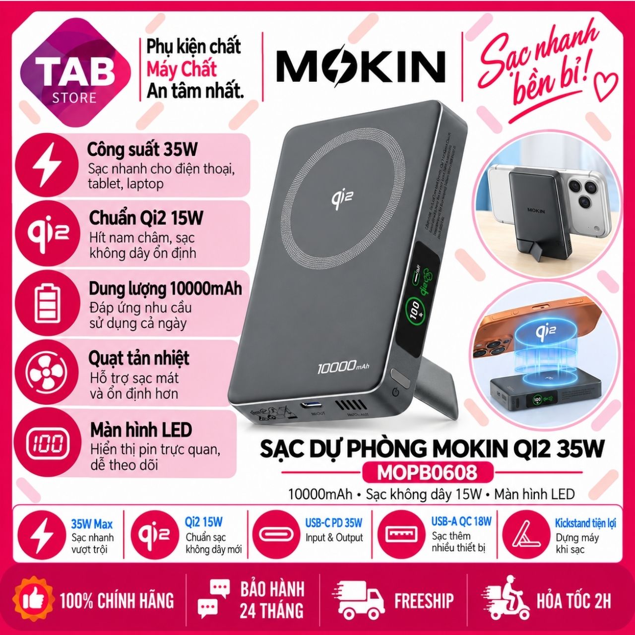 Sạc Dự Phòng MOKiN MOPB0608 10.000mAh, Qi2 15W, PD 35W, Quạt Tản Nhiệt - Bảo Hành 24 Tháng