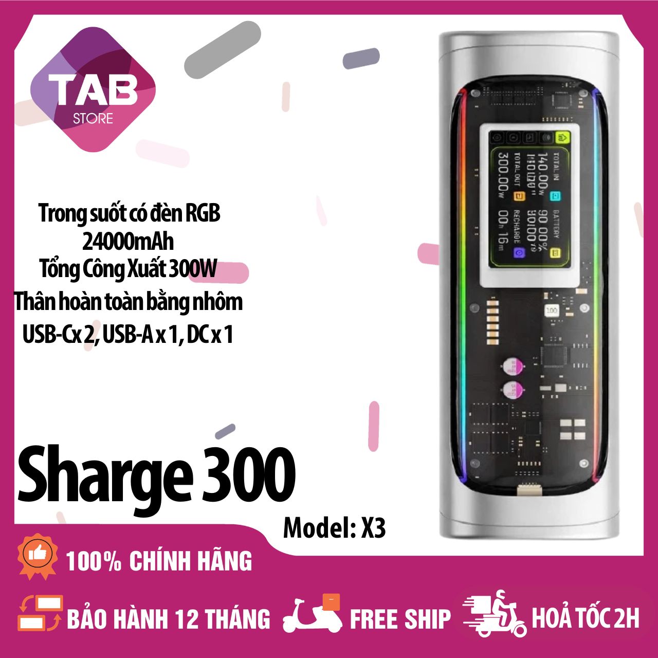 Sạc Dự Phòng Trong Suốt SHARGE/Shargeek 300 24000mah 300w Màn LED X3 - Bảo Hành 12 Tháng - Sharge 300