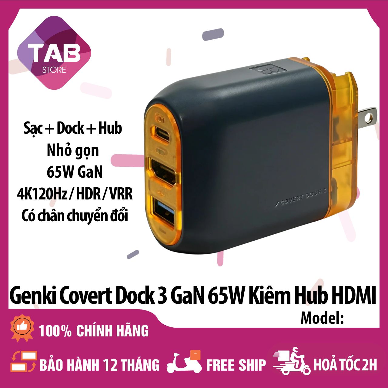 Sạc Genki Covert Dock 3 GaN 65W – Kiêm Hub HDMI 4K120Hz - Bảo Hành 12 Tháng