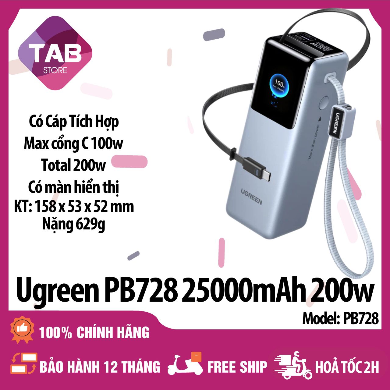 Sạc UGREEN PB728 25000mAh 200W 2 Cáp Tích Hợp - Bảo Hành 12 Tháng - PB728