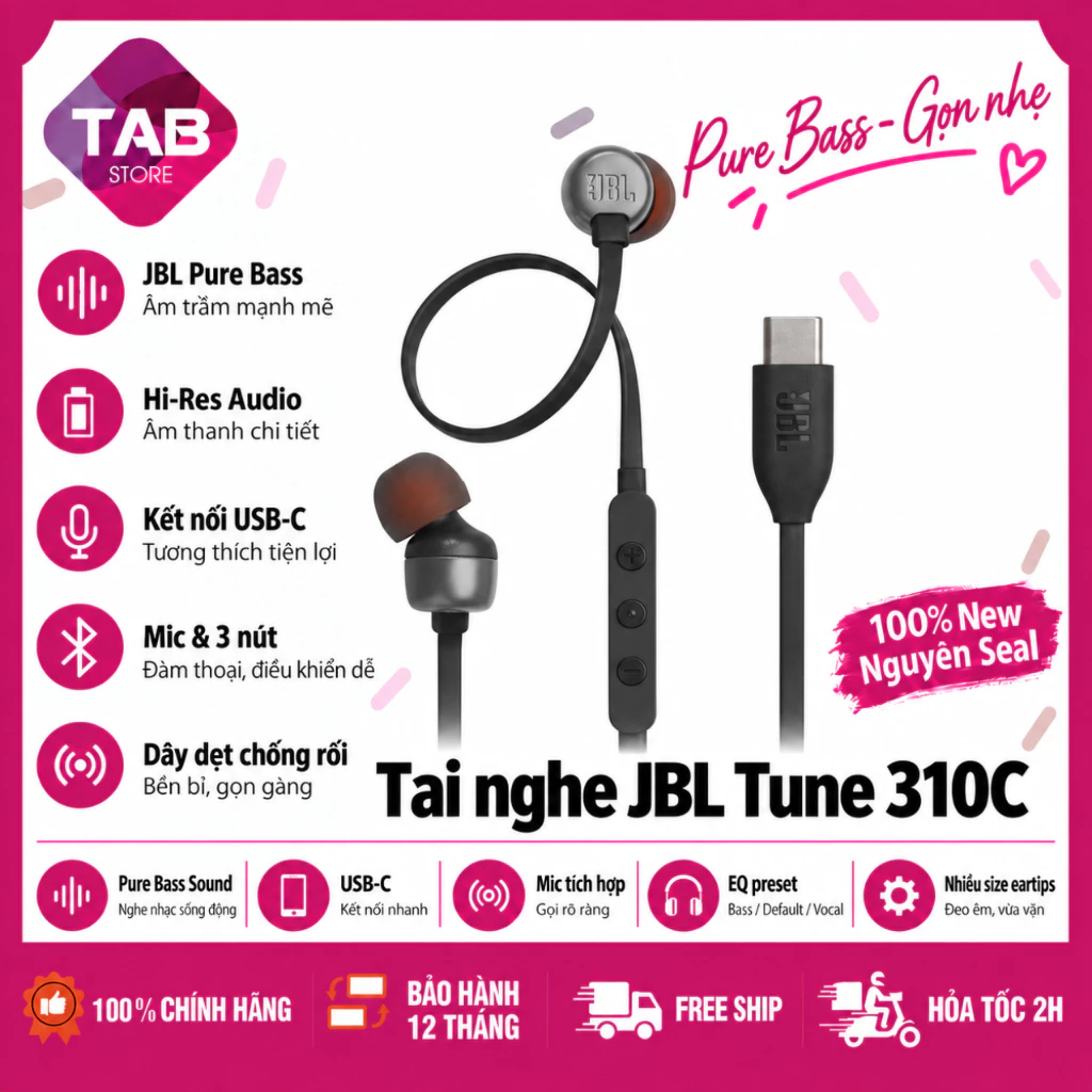 Tai Nghe Có Dây JBL Tune 310C Cổng USB-C Chính Hãng PGI - Bảo Hành 12 Tháng