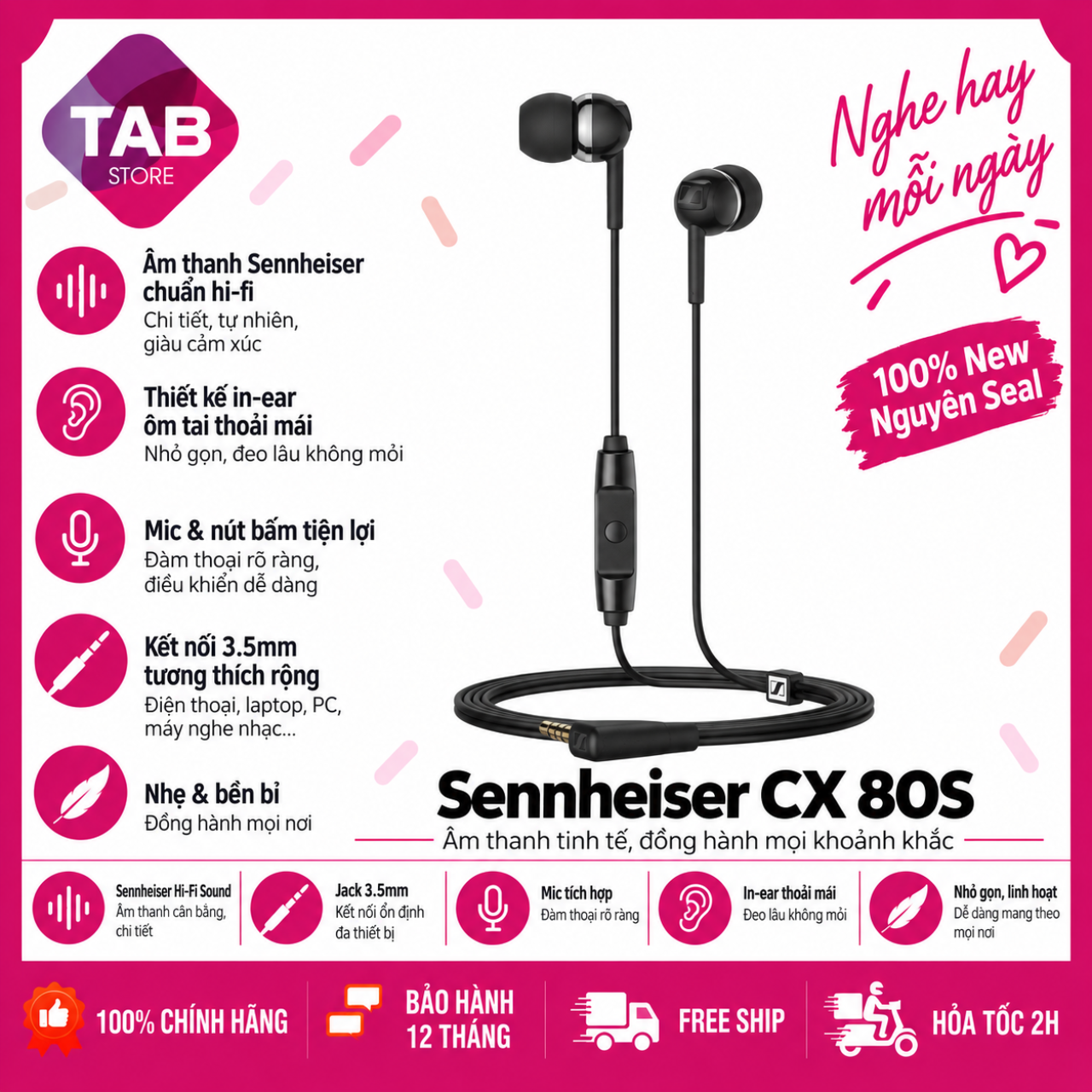 Tai Nghe Có Dây Sennheiser CX 80S, Micro Đàm Thoại Chính Hãng PGI - Bảo Hành 12 Tháng