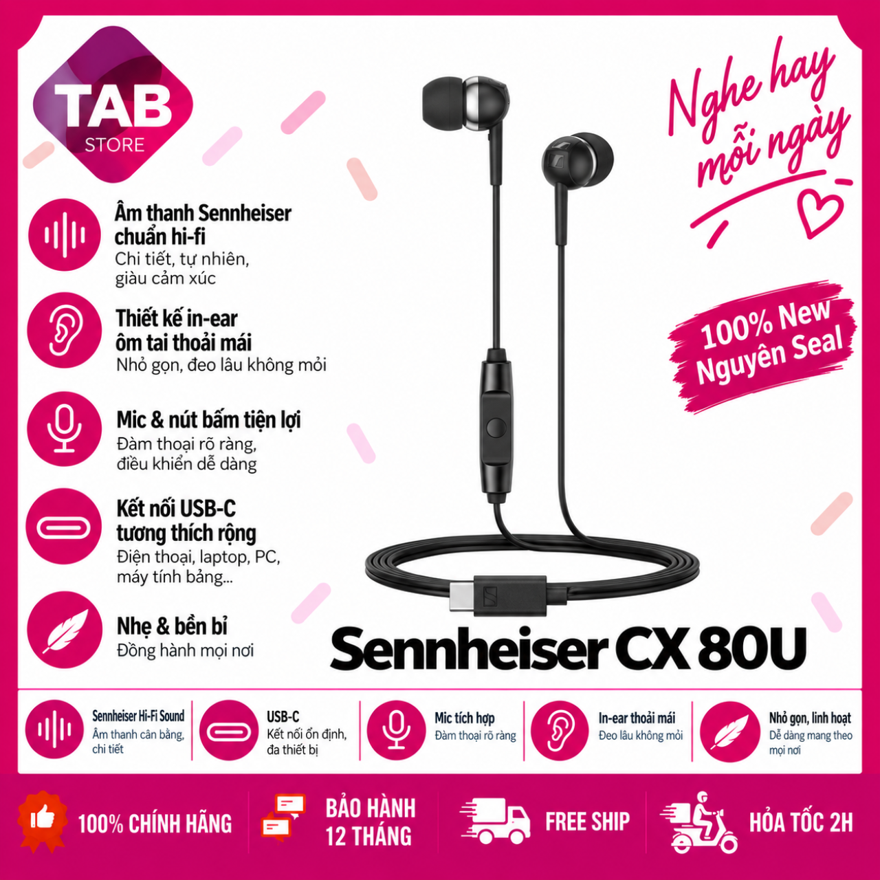 Tai Nghe Có Dây Sennheiser CX 80U USB-C Chính Hãng PGI - Bảo Hành 12 Tháng