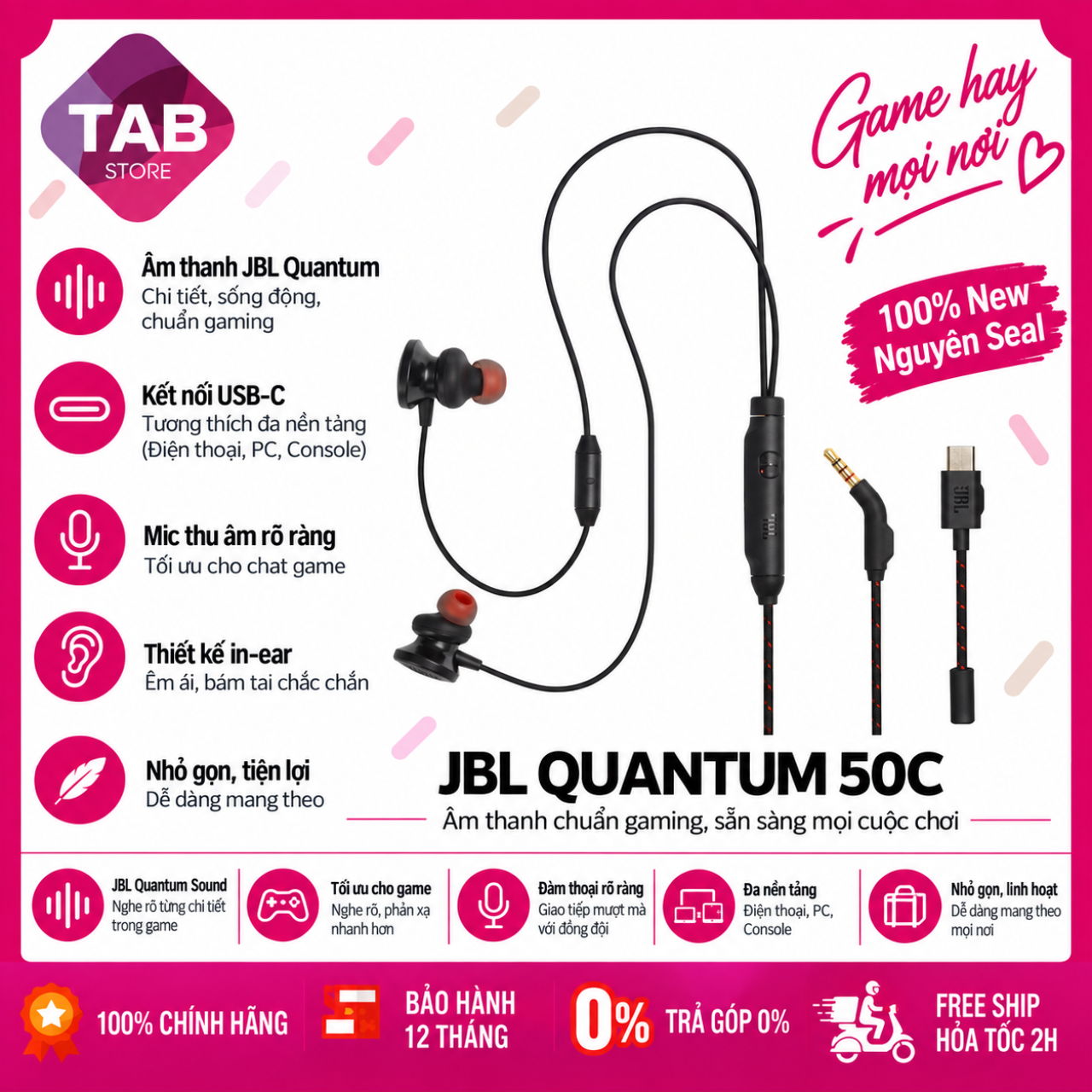 Tai Nghe Gaming JBL Quantum 50C, Hi-Res, USB-C Chính Hãng PGI - Bảo Hành 12 Tháng