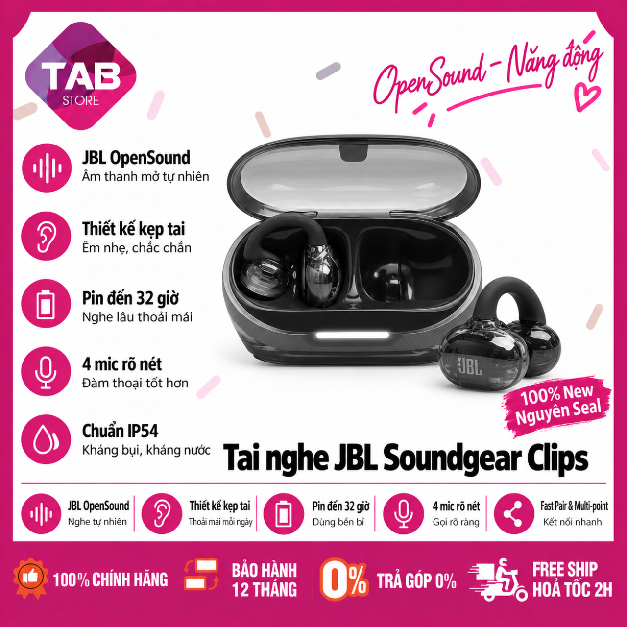 Tai Nghe JBL Soundgear Clips Open-Ear, 4 Mic AI, Pin 32 Giờ Chính Hãng PGI - Bảo Hành 12 Tháng