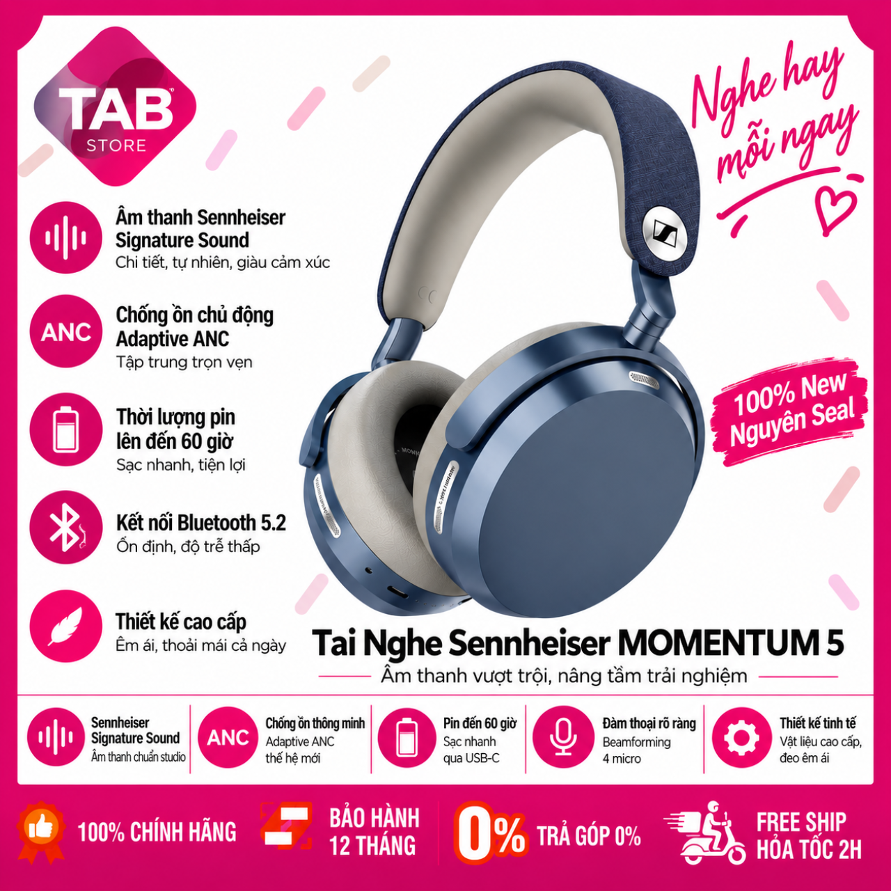 Tai Nghe Sennheiser MOMENTUM 5 Wireless, Adaptive ANC, Pin 57 Giờ Chính Hãng PGI - Bảo Hành 12 Tháng