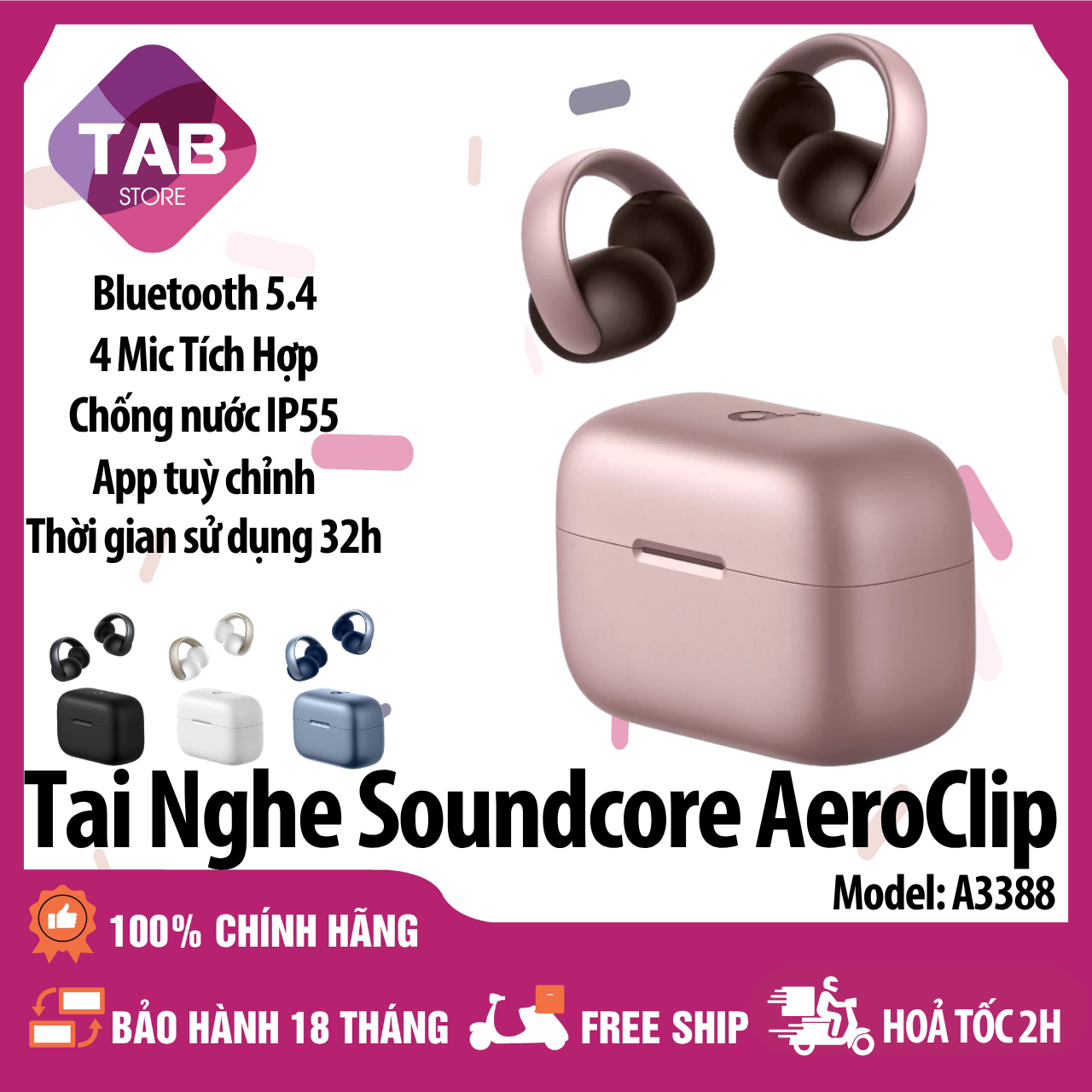 Tai Nghe Soundcore AeroClip Open-Ear,Thời Lượng Pin 30h A3388- Bảo Hành 18 Tháng