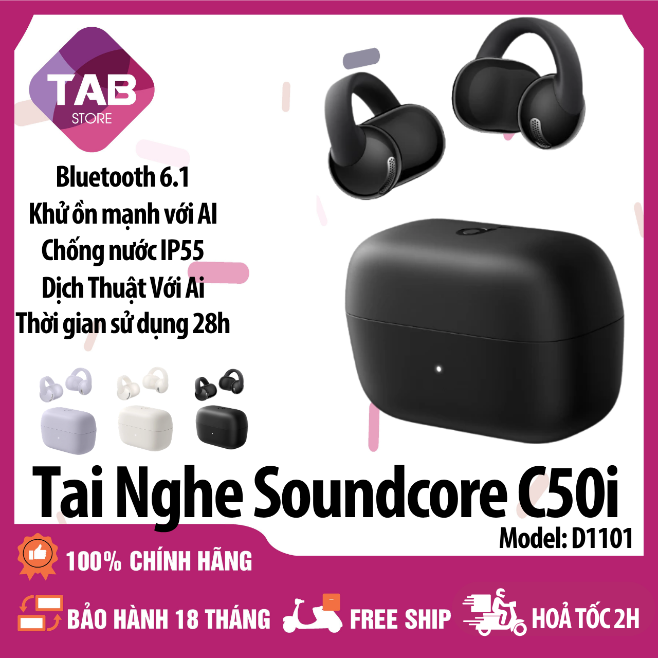 Tai Nghe Soundcore C50I Open-Ear Chống ồn AI,Thời Lượng Pin 28h D1101 - Bảo Hành 18 Tháng