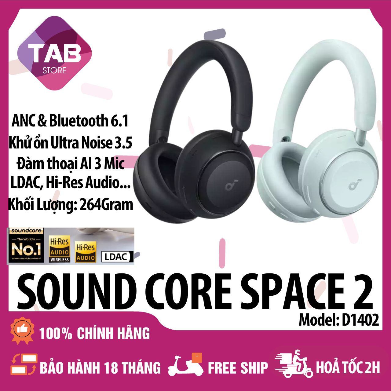 Tai Nghe Soundcore Space 2 Hires, Ai, Pin tới 70h D1402 - Bảo Hành 18 Tháng