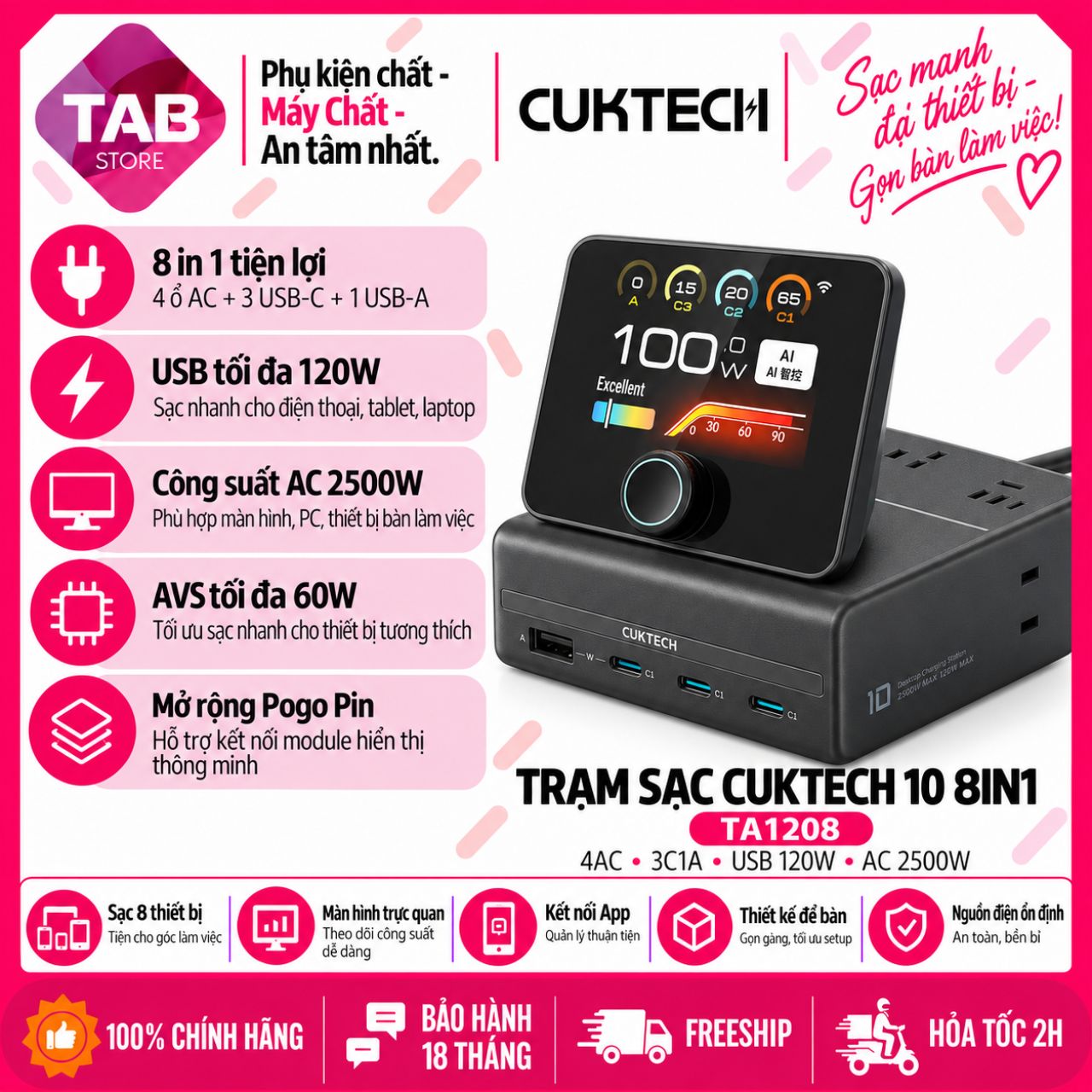 Trạm Sạc CUKTECH 10 8in1, 4AC 3C1A, USB 120W, AC 2500W TA1208 Chính Hãng - Bảo Hành 18 Tháng - TA1208 + Màn Hình