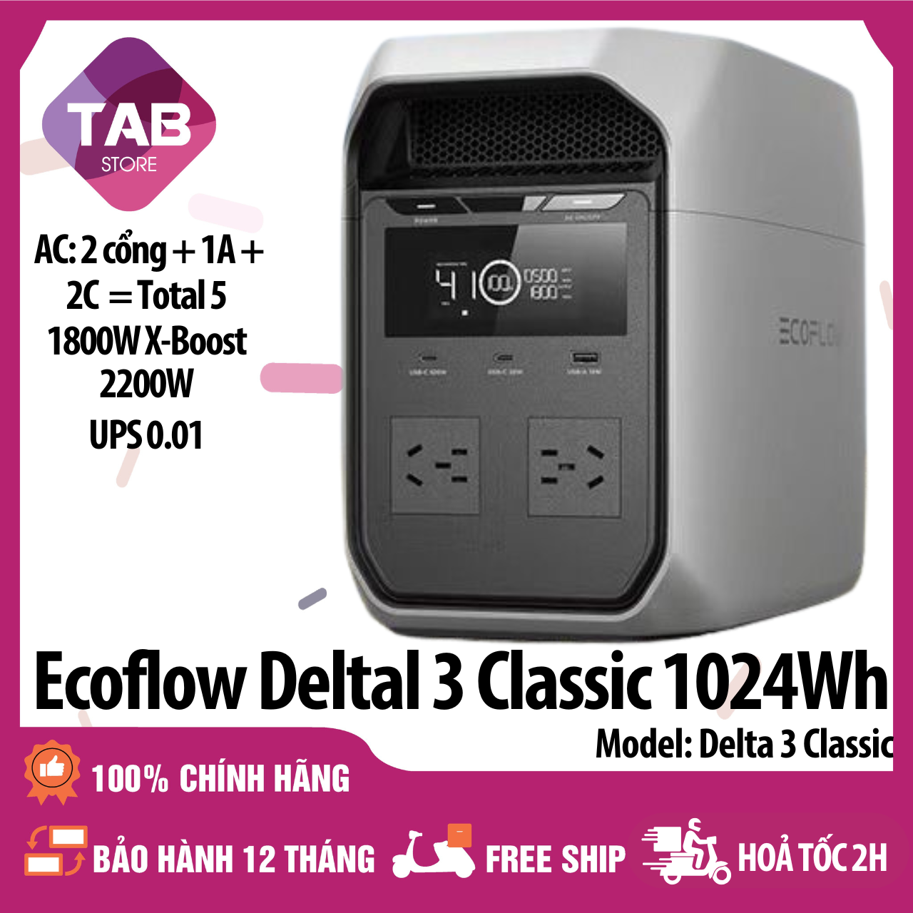 Trạm Sạc EcoFlow Delta 3 Classic 1024Wh 1800W 220V - Bảo Hành 12 Tháng - Delta 3 Classic
