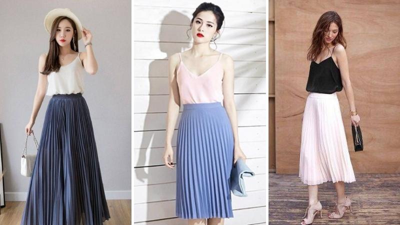 phối đồ với chân váy xếp ly dài