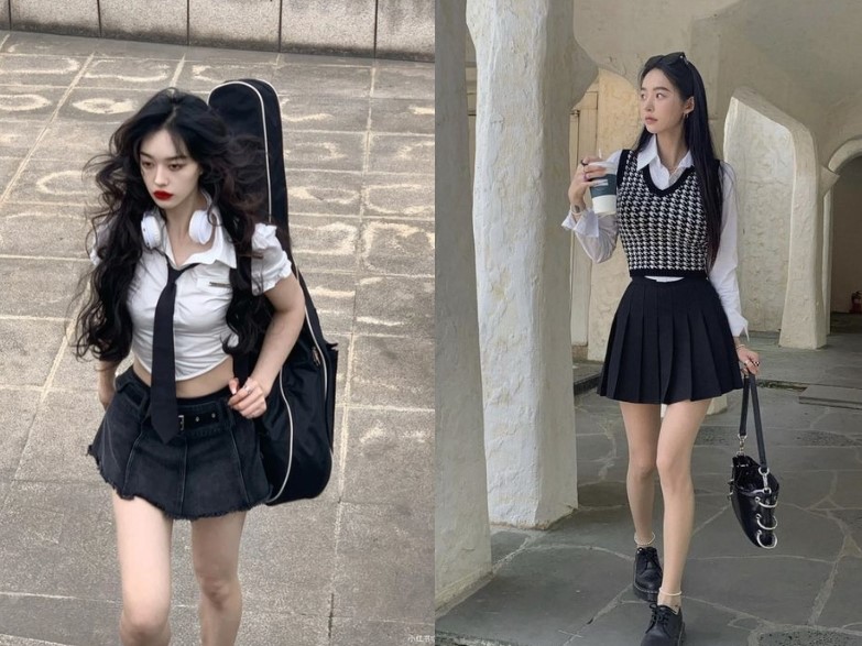 phối đồ với chân váy xếp ly ngắn