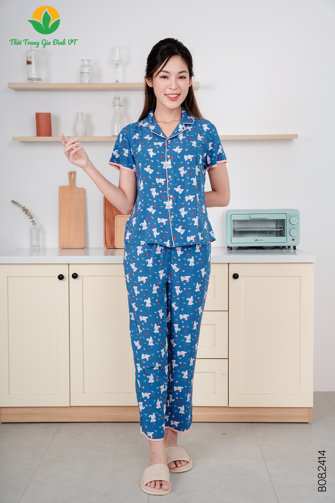 B08.2414.Bộ W QDACT RH Pijama phối lé - M - Xanh Đậm