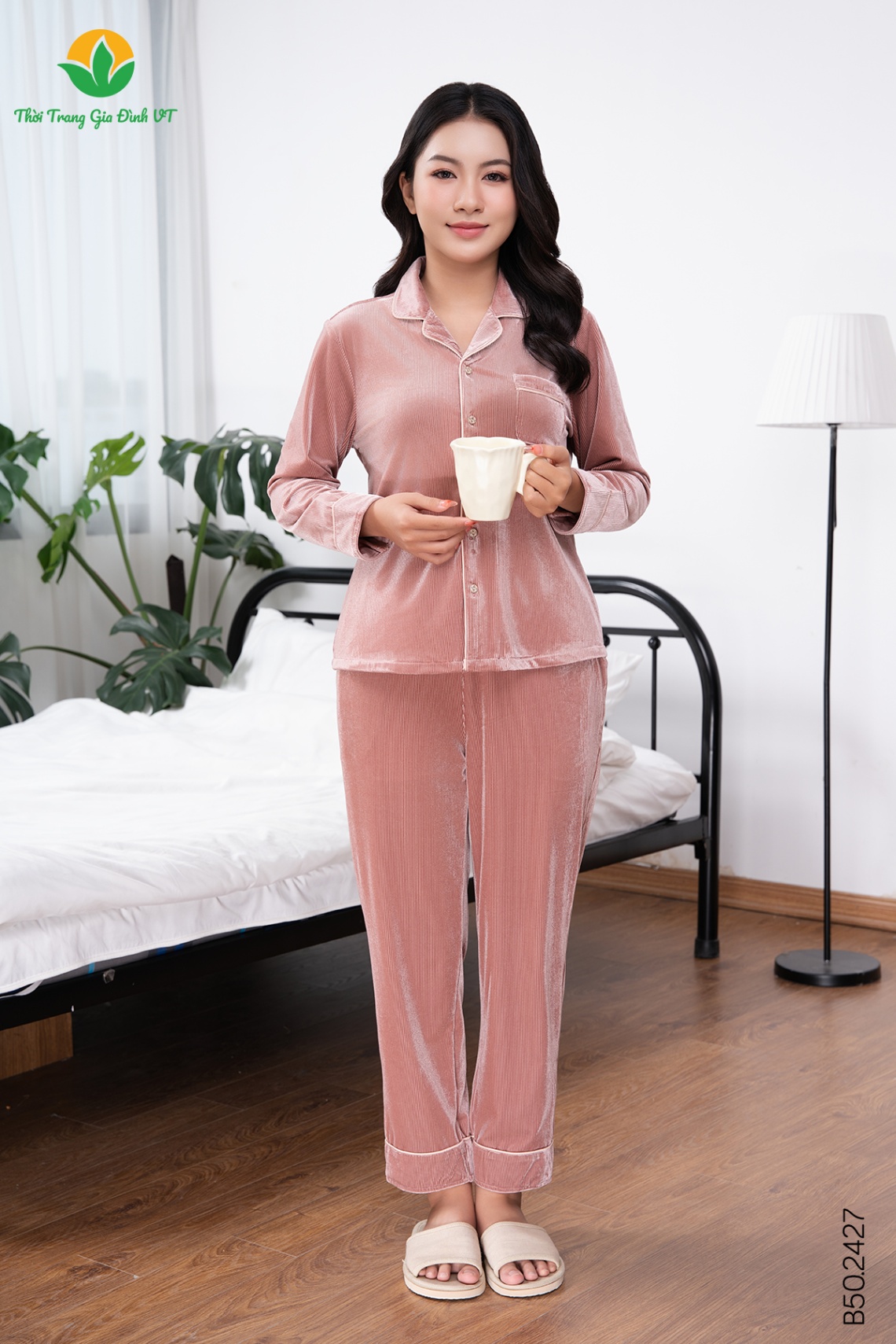 B50.2427.Bộ W QDADT nhung Pijama lé màu - M - Ruốc hồng