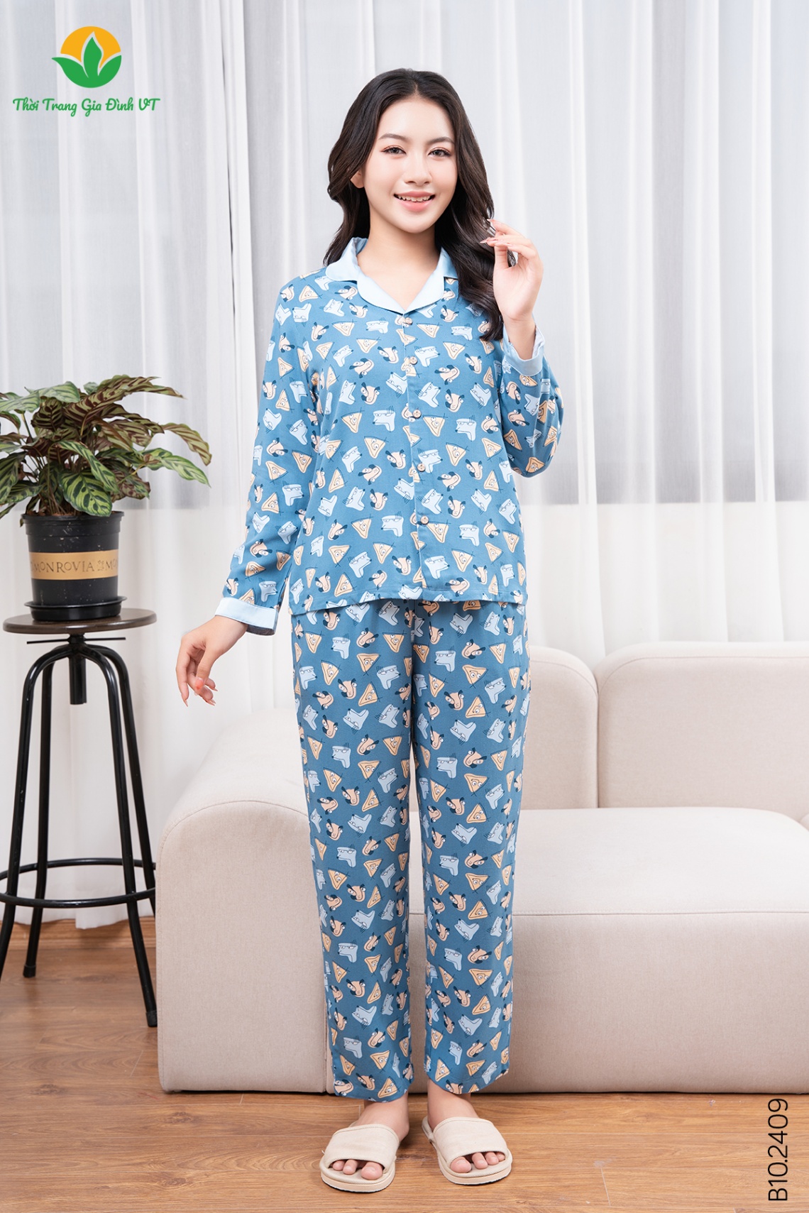 B10.2409.Bộ W QDADT RH chéo pijama cổ lụa - M - Xanh