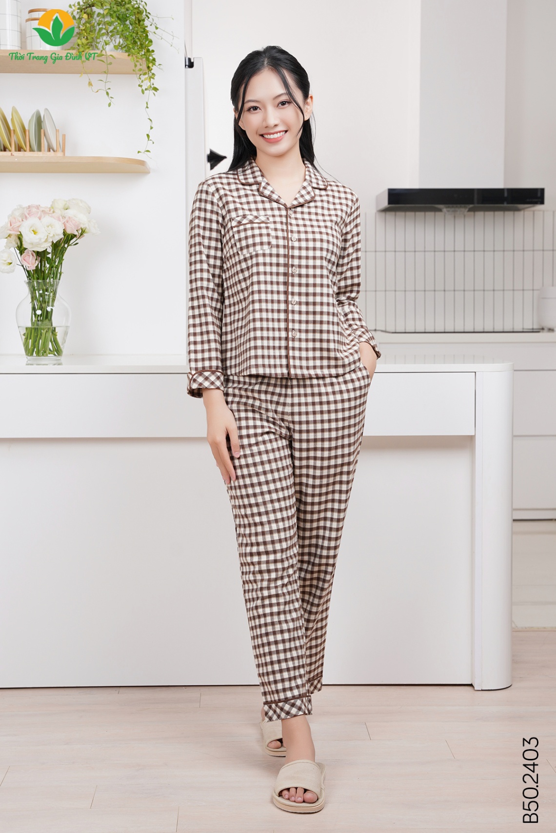 B50.2403.Bộ W QDADT Kẻ pijama - M - Nâu