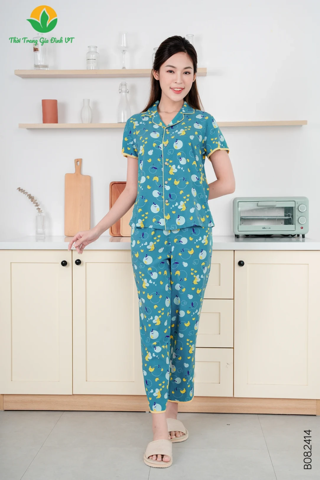 B08.2414.Bộ W QDACT RH Pijama phối lé - M - Xanh Nhạt