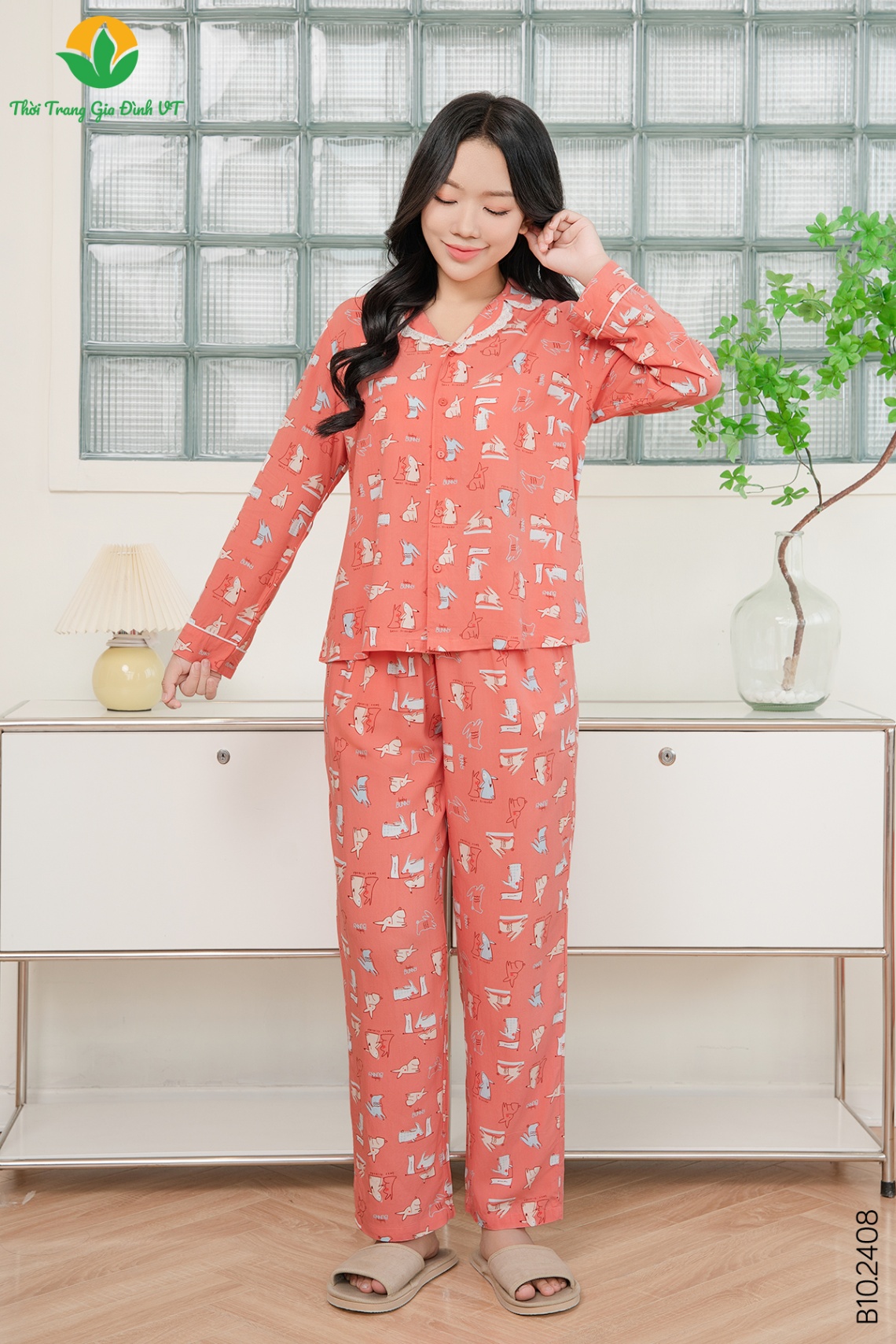 B10.2408.Bộ W QDADT RH pijama phối ren - M - Dâu đậm