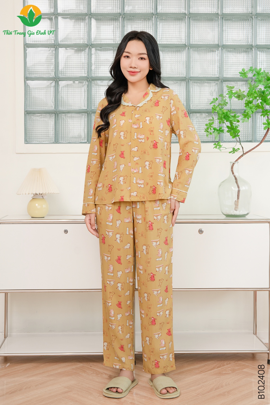 B10.2408. Bộ pijama lanh nữ quần dài áo dài tay phối ren