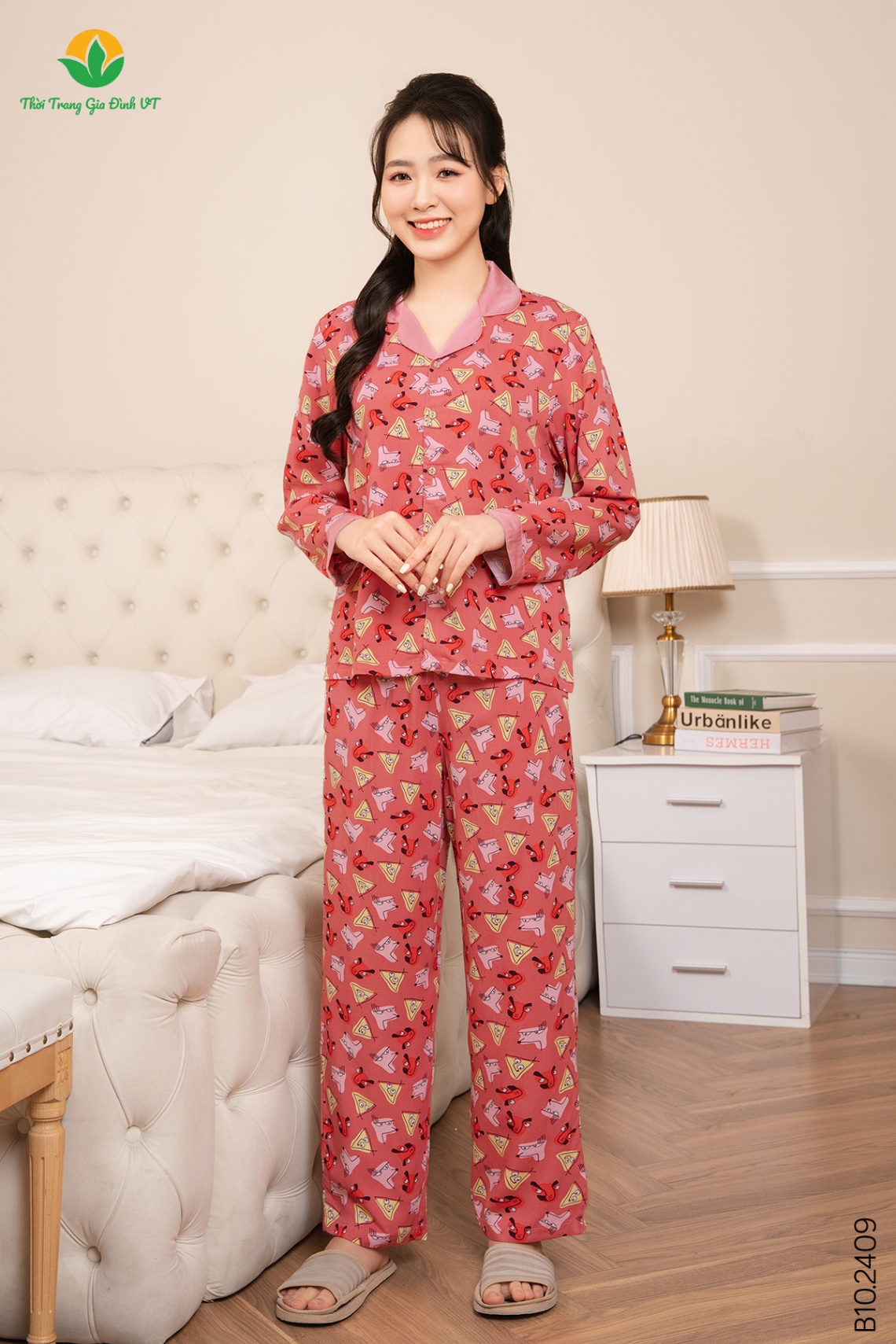 B10.2409.Bộ W QDADT RH chéo pijama cổ lụa - M - Hồng đậm