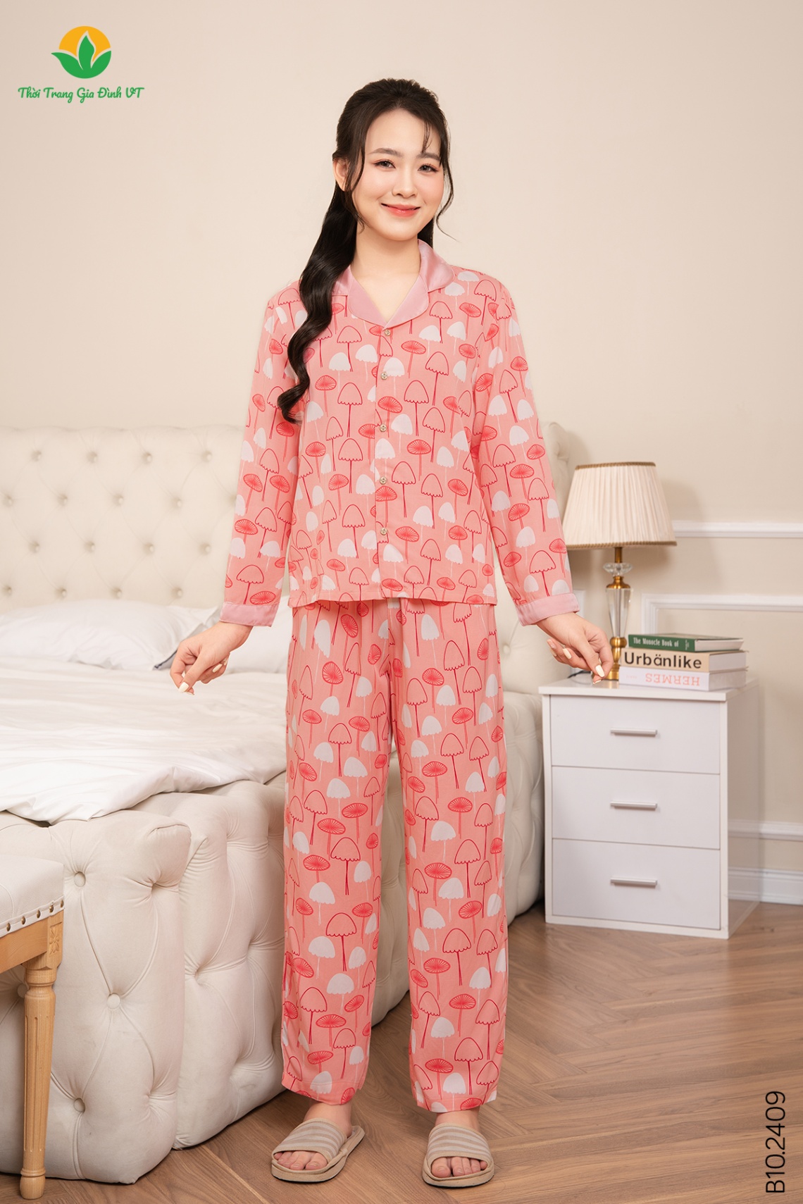 B10.2409.Bộ W QDADT RH chéo pijama cổ lụa - M - Hồng nhạt