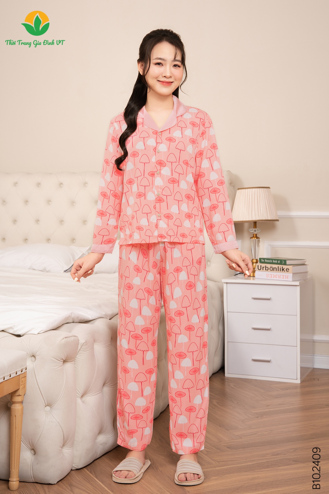 B10.2409.Bộ W QDADT RH chéo pijama cổ lụa - M - Hồng nhạt