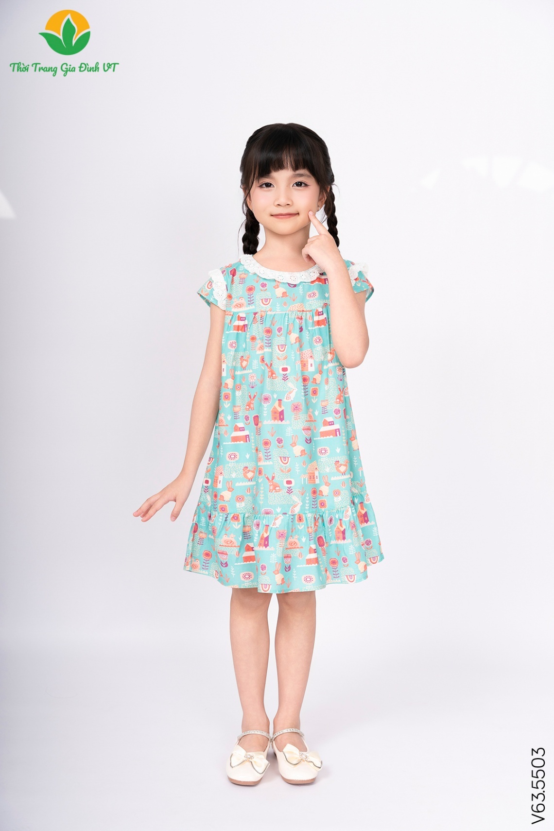 V63.5503.Váy G CT CR hoa cổ kẹp bèo - 2-3 - Xanh