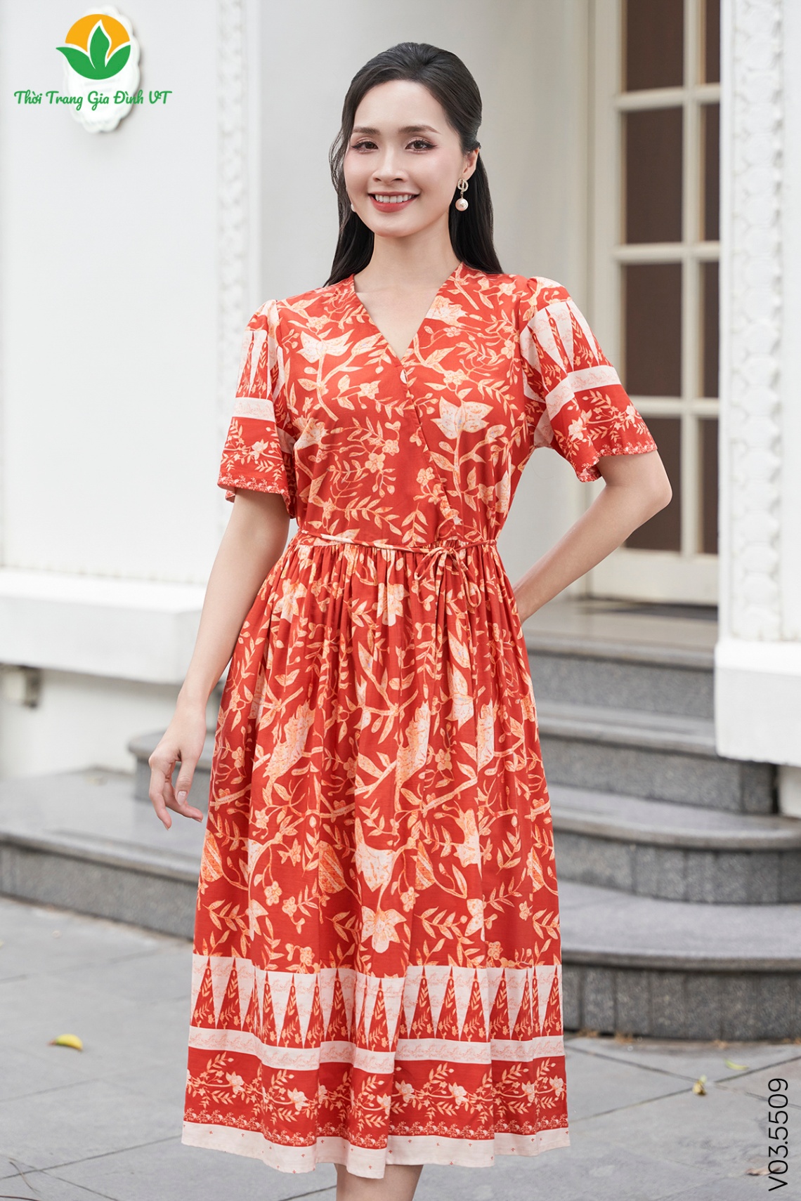V03.5509.Váy W CT CR hoa hoa chân - M - Đỏ cam