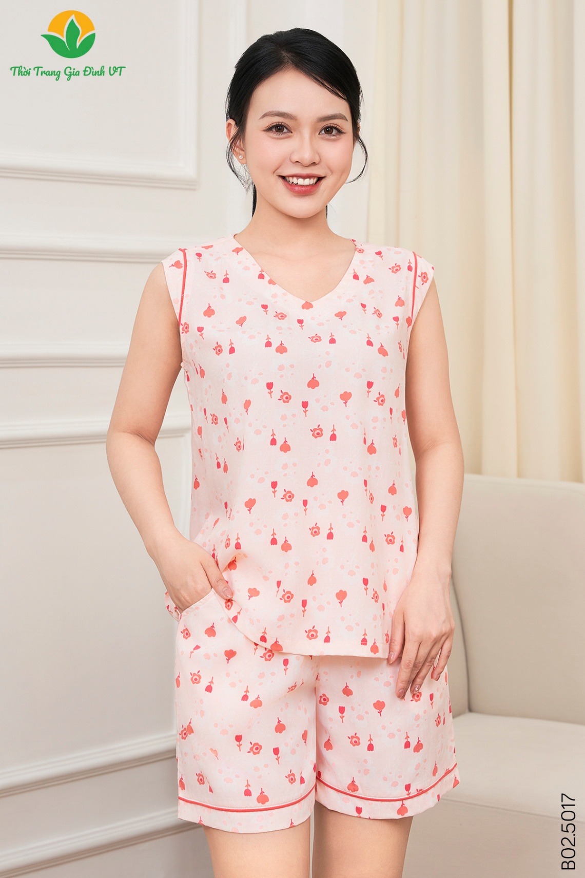 B02.5017.Bộ W QĐASN RH cổ V lé màu - M - Dâu nhạt
