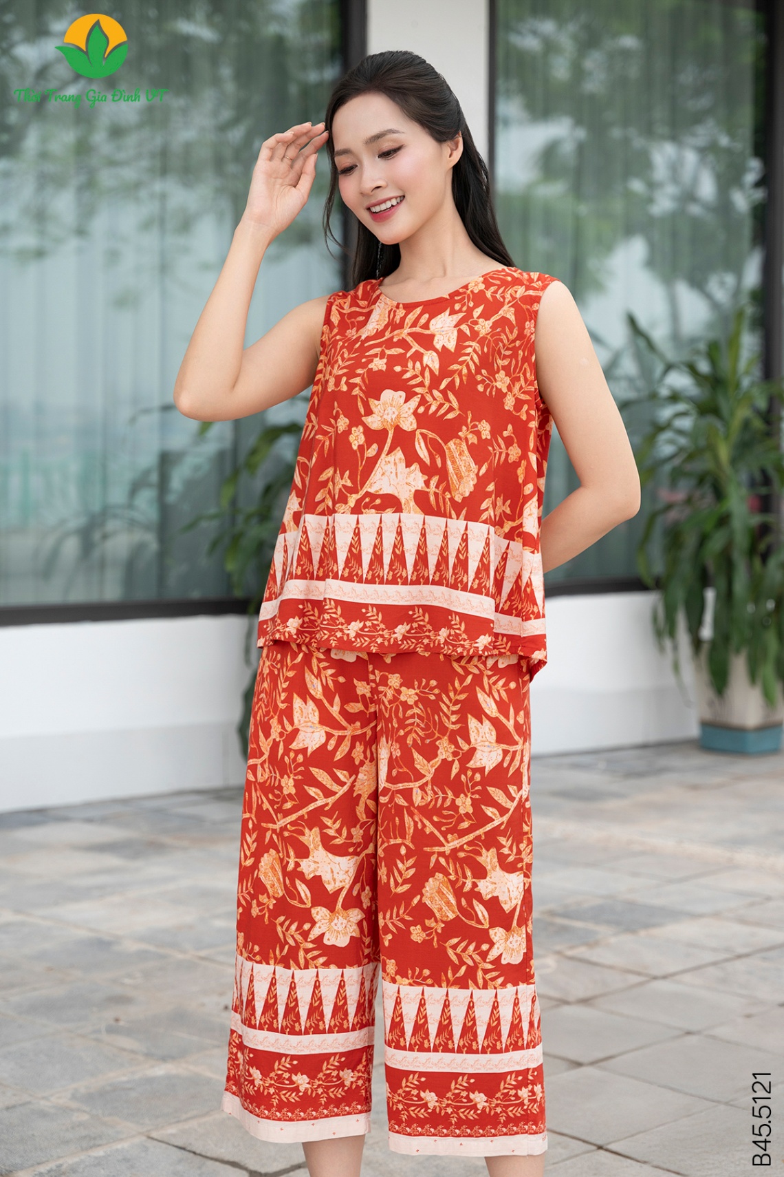 B45.5121.Bộ W QLASN CR hoa hoa chân - M - Đỏ cam