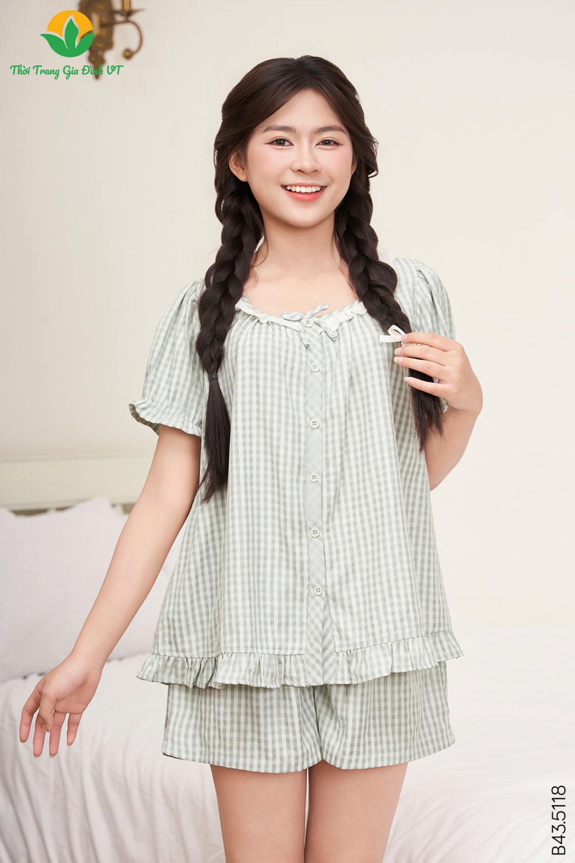 B43.5118.Bộ W QĐACT KK cổ vuông tròn kẹp ren - S - Xanh