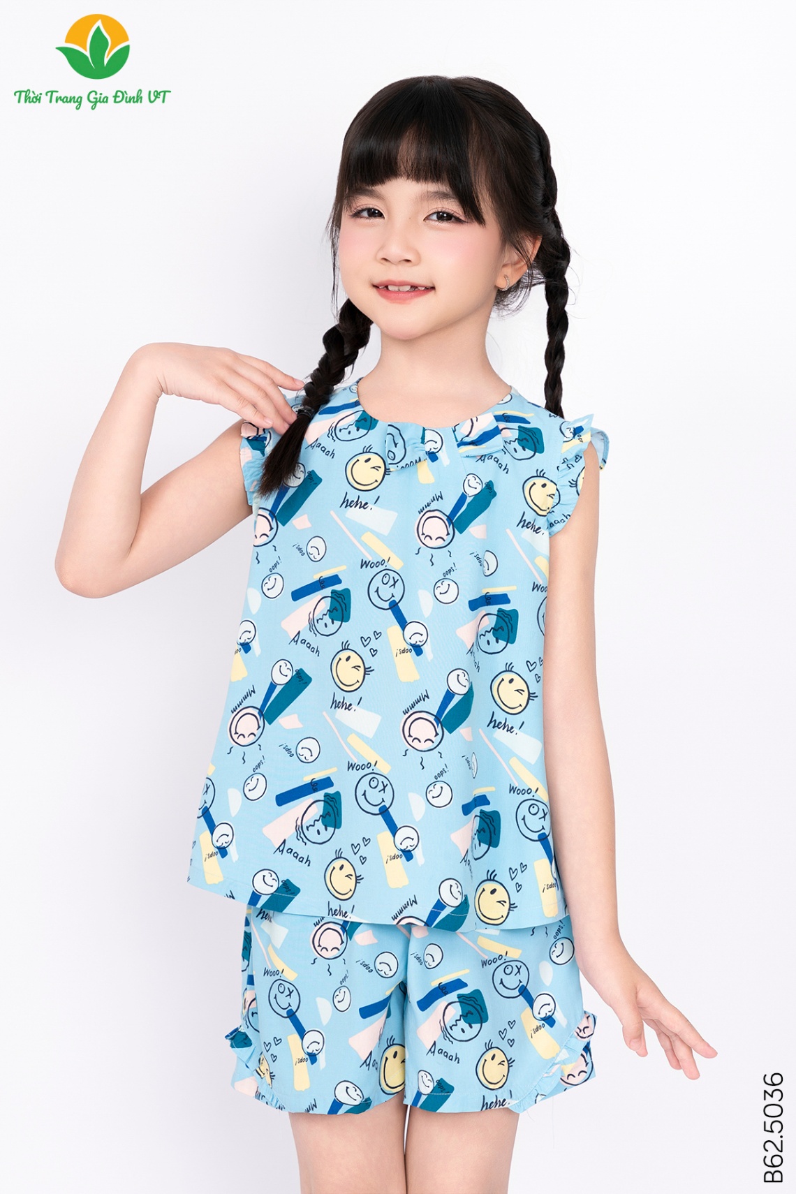 B62.5036. Bộ lanh bé gái quần đùi áo sát nách cổ nơ