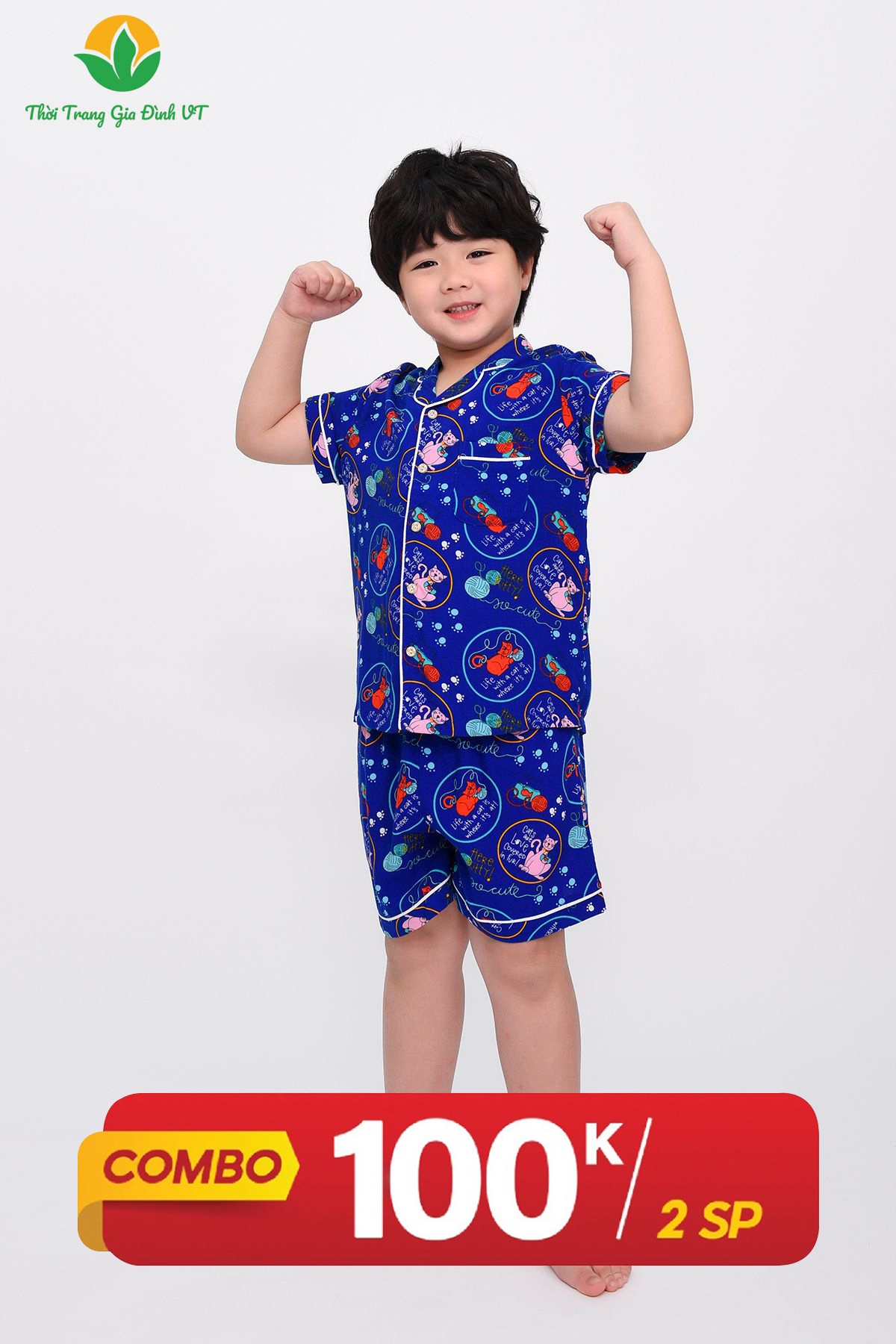 B63.2306. Bộ lanh Pijama mặc nhà bé trai quần đùi, áo cộc tay mùa hè Việt Thắng