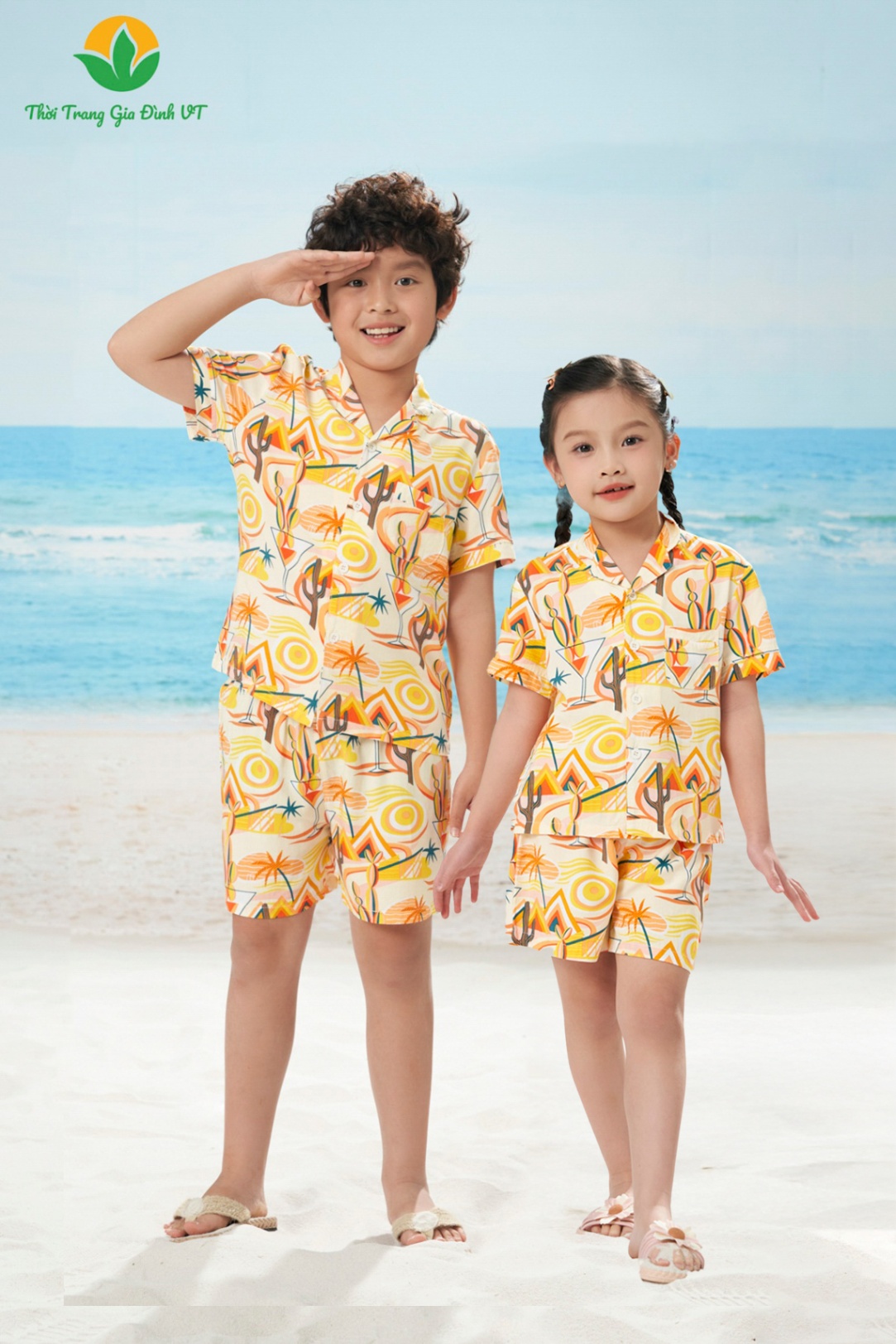 B63.5018. Bộ pijama lanh trẻ em quần đùi áo cộc tay gia đình