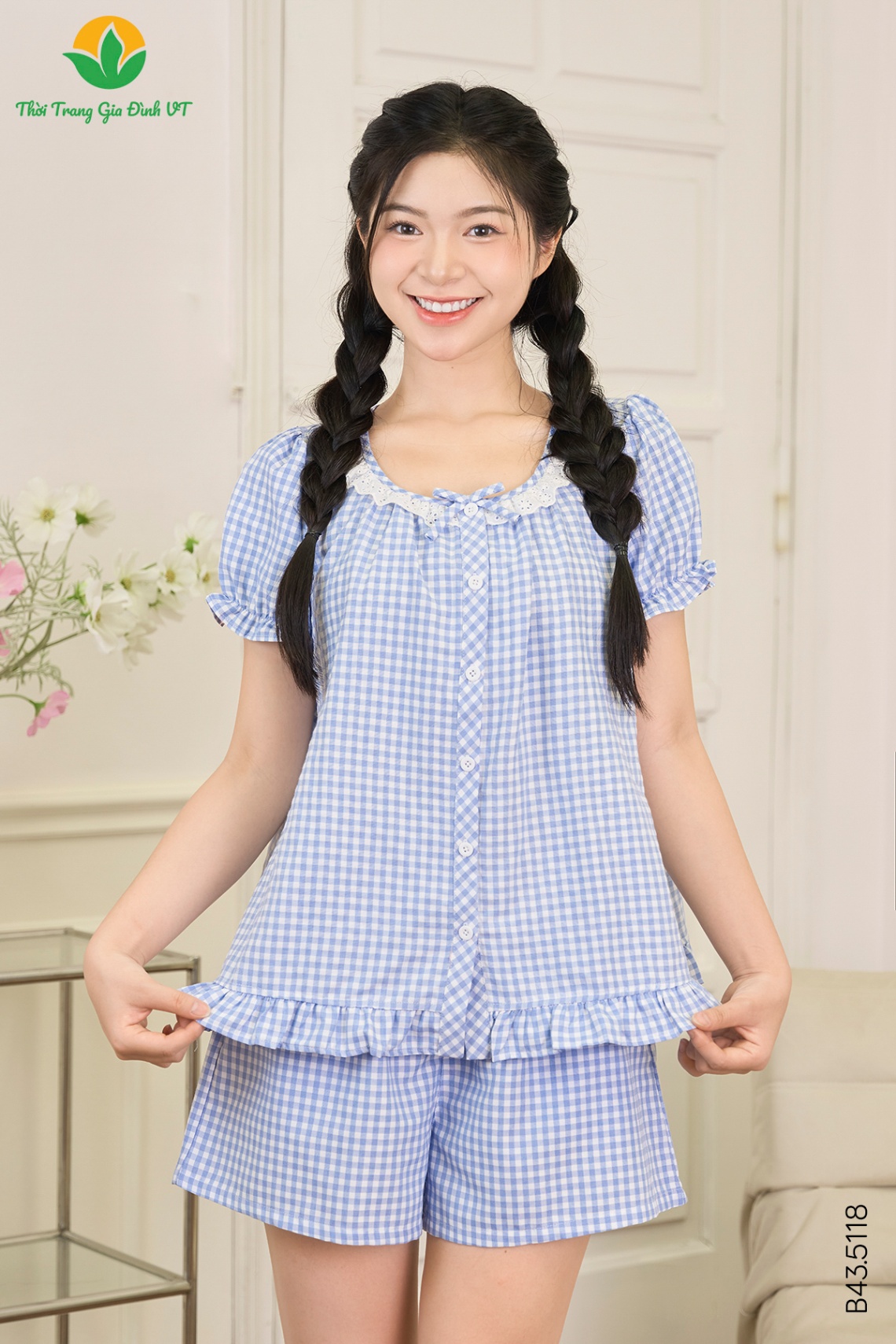 B43.5118.Bộ W QĐACT KK cổ vuông tròn kẹp ren - S - Xanh biển