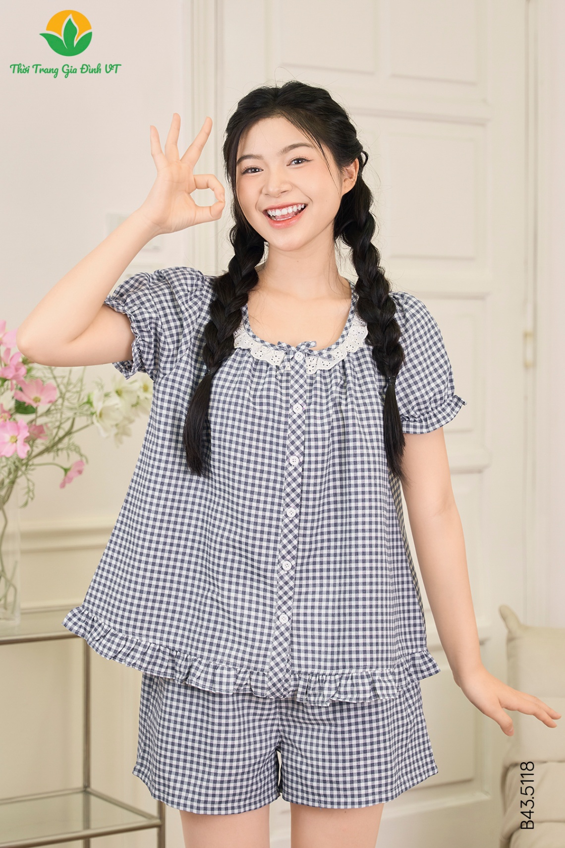B43.5118.Bộ W QĐACT KK cổ vuông tròn kẹp ren - S - Xanh Đậm