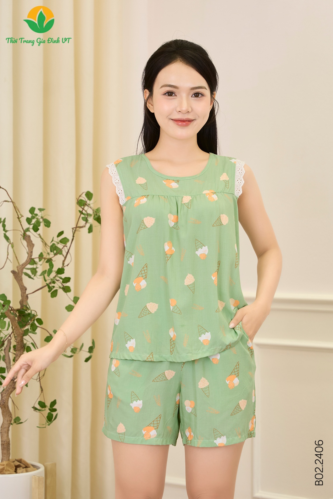 B02.2406.Bộ W QĐASN RH nhún ngực - M - Xanh Lá