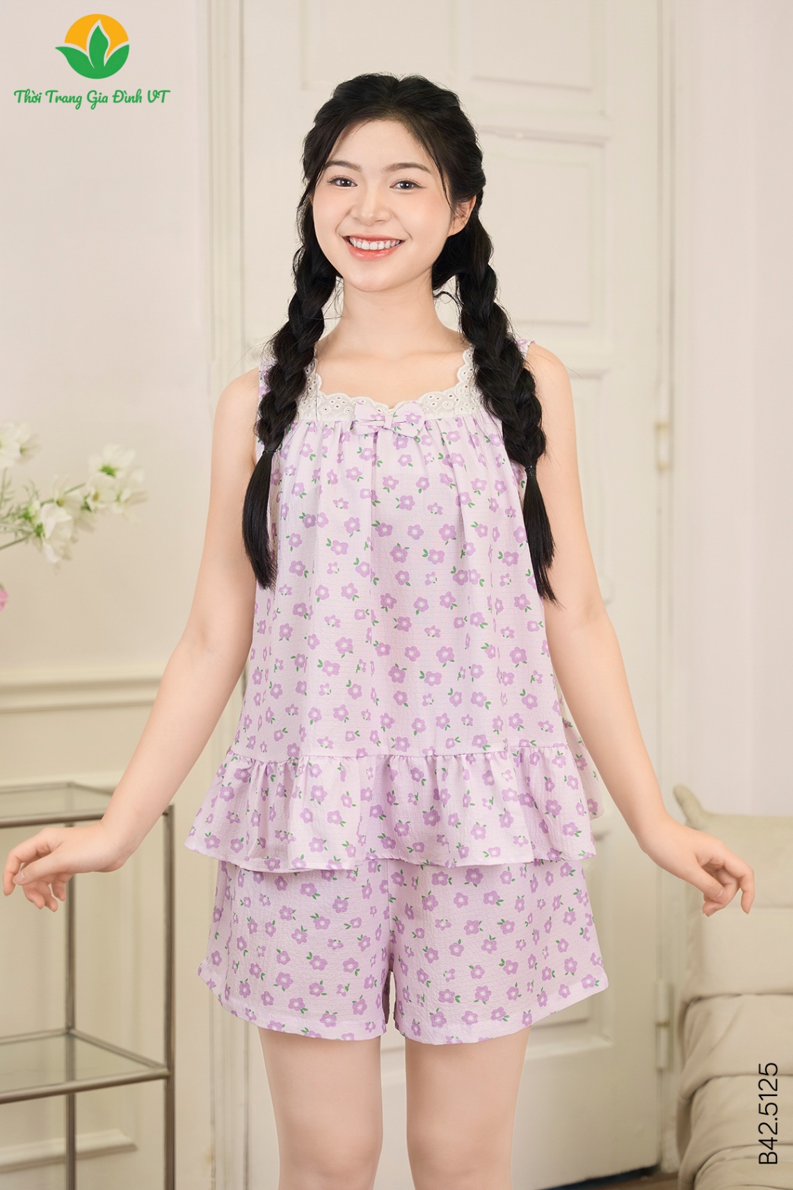 B42.5125. Bộ poly nữ quần đùi áo sát nách hoa