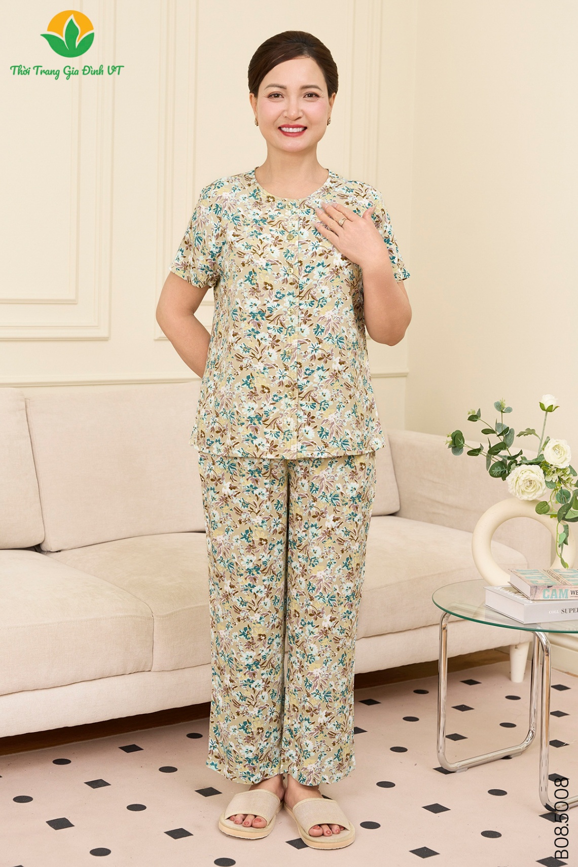 B08.5008. Bộ lanh trung niên quần dài áo cộc tay trần chỉ nẹp