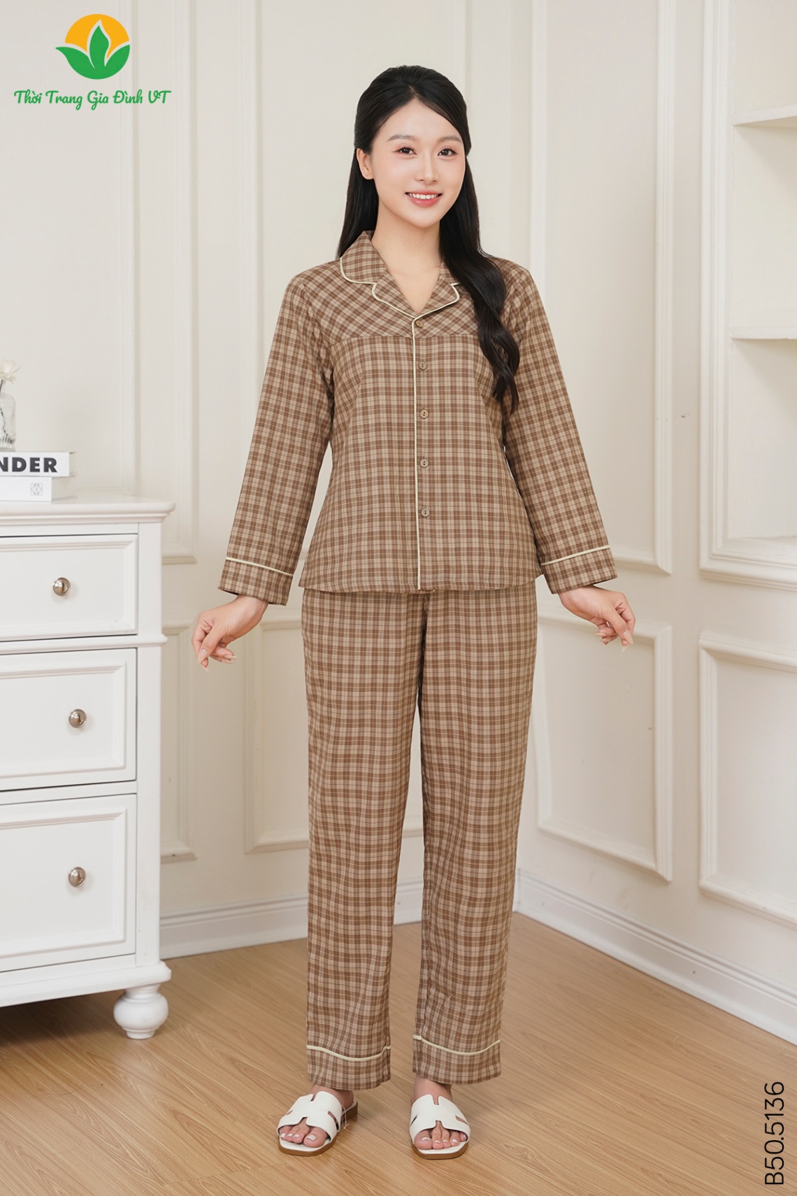 B50.5136. Bộ kẻ kate nữ quần dài áo dài tay