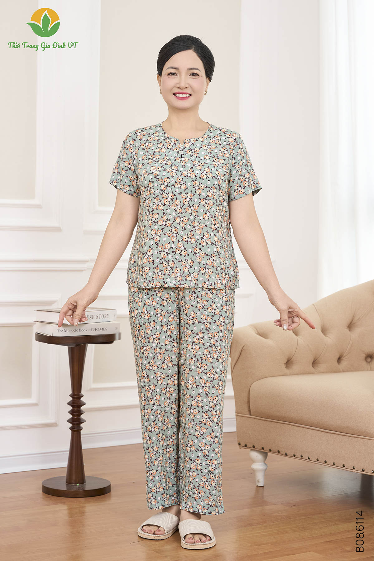 B08.6114. Bộ lanh trung niên quần dài áo cộc tay