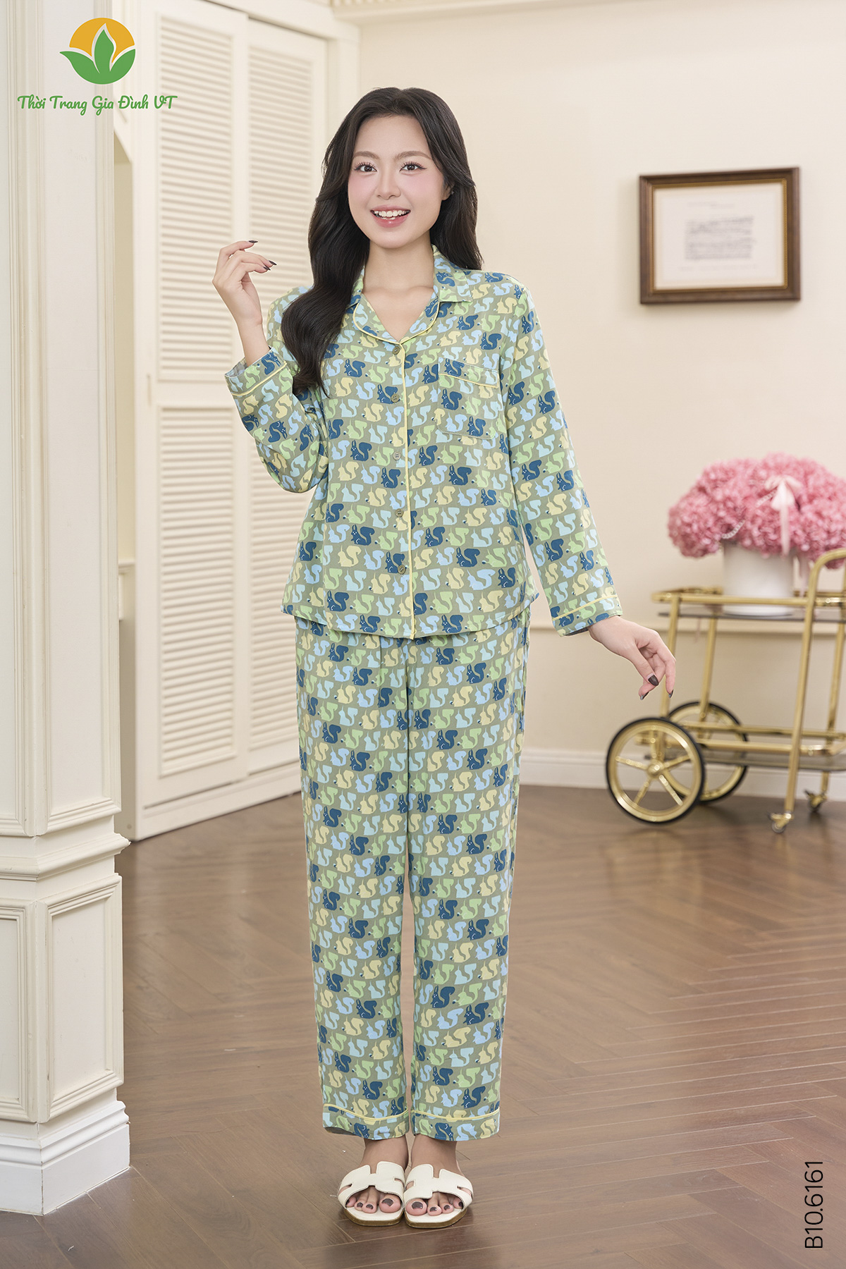 B10.6161.Bộ lanh pijama nữ quần dài áo dài tay
